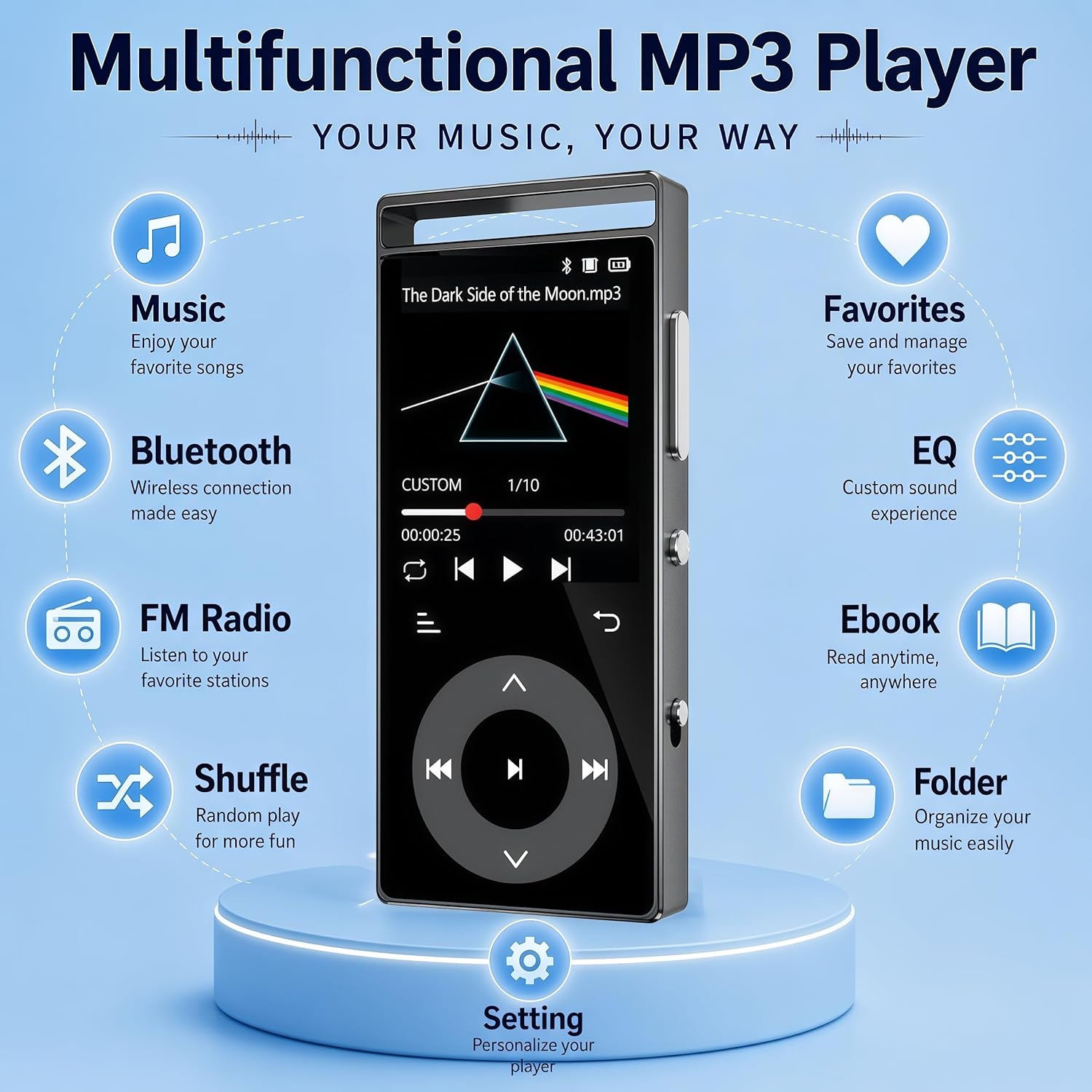 90GB MP3 Player Bluetooth 5.3, HiFi Sound Music Player with Touch Buttons | MP3 Players with Built-in Color Screen, E-Books, Earphones Included