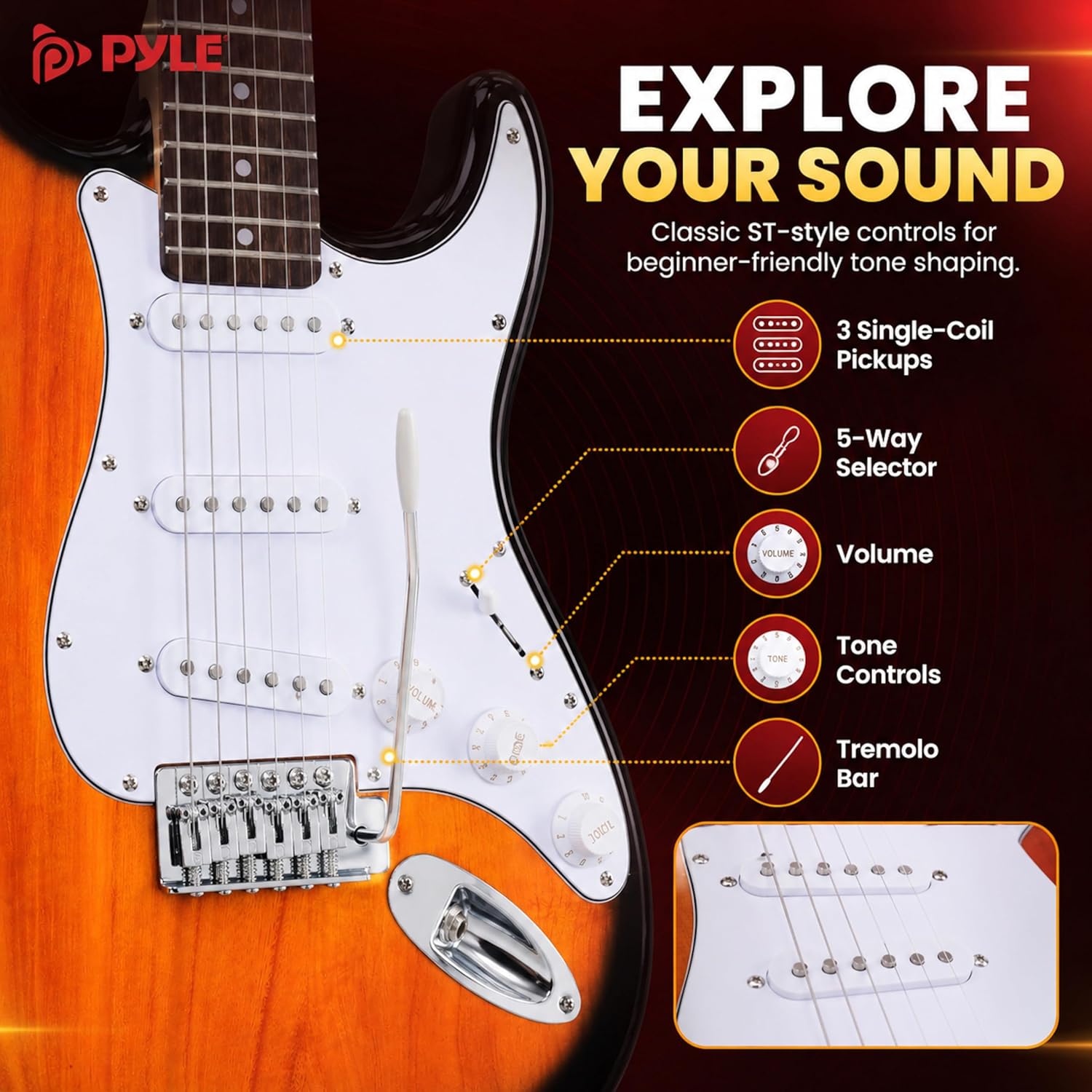Pyle Electric Guitar and Amp Kit - Full Size 39" Complete Starter Kit with Wearable Bluetooth Amplifier, 1/4” Cable, Carry Case, Strap, Strings, Picks, Cleaning Cloth, ST-Style Pickups (Black)