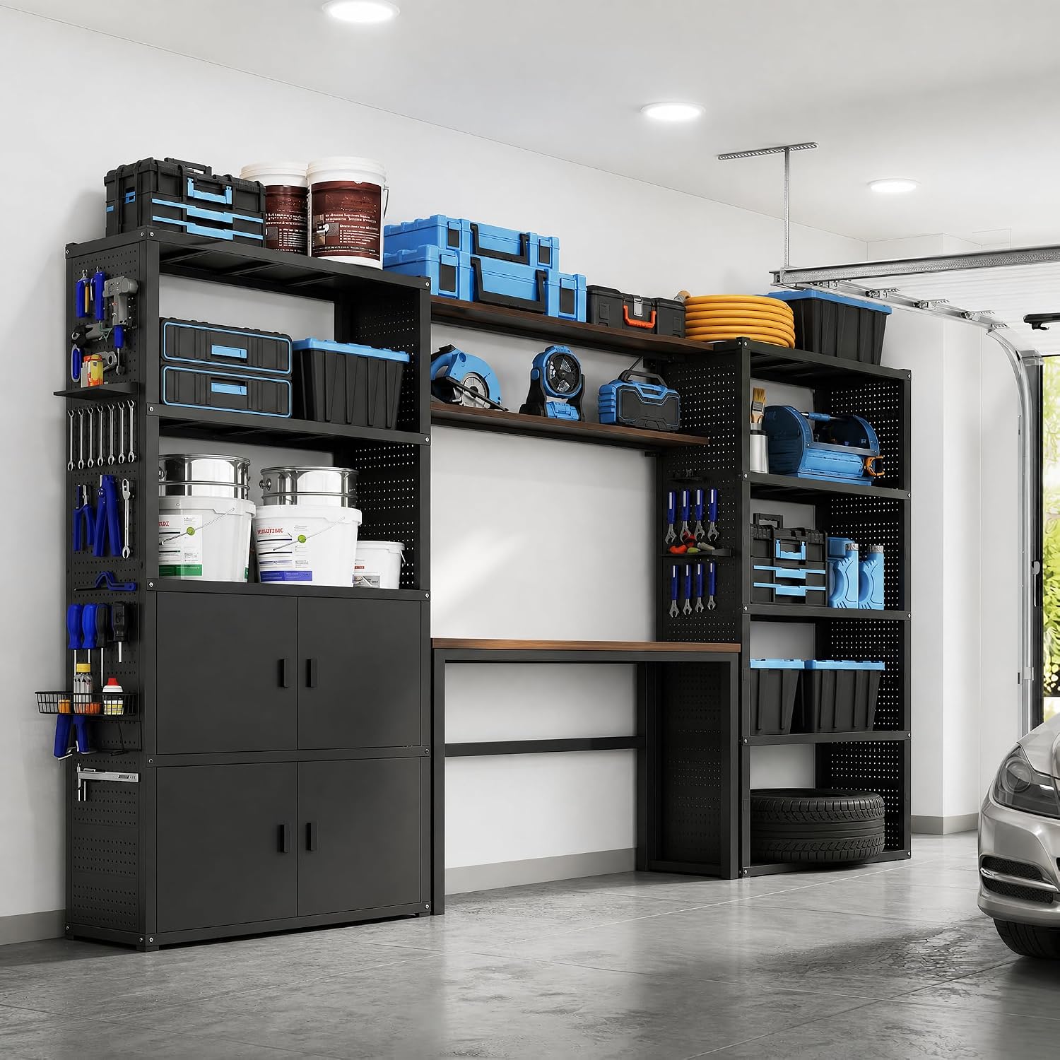FLEXIMOUNTS 117"W Modular Garage Storage Cabinet with Workbench, Black | 6 Doors, 3700lbs capacity, Metal board shelf includes pegboard, 3-in-1 metal tool cabinet, 24-gauge steel, FLEXIMOD Series