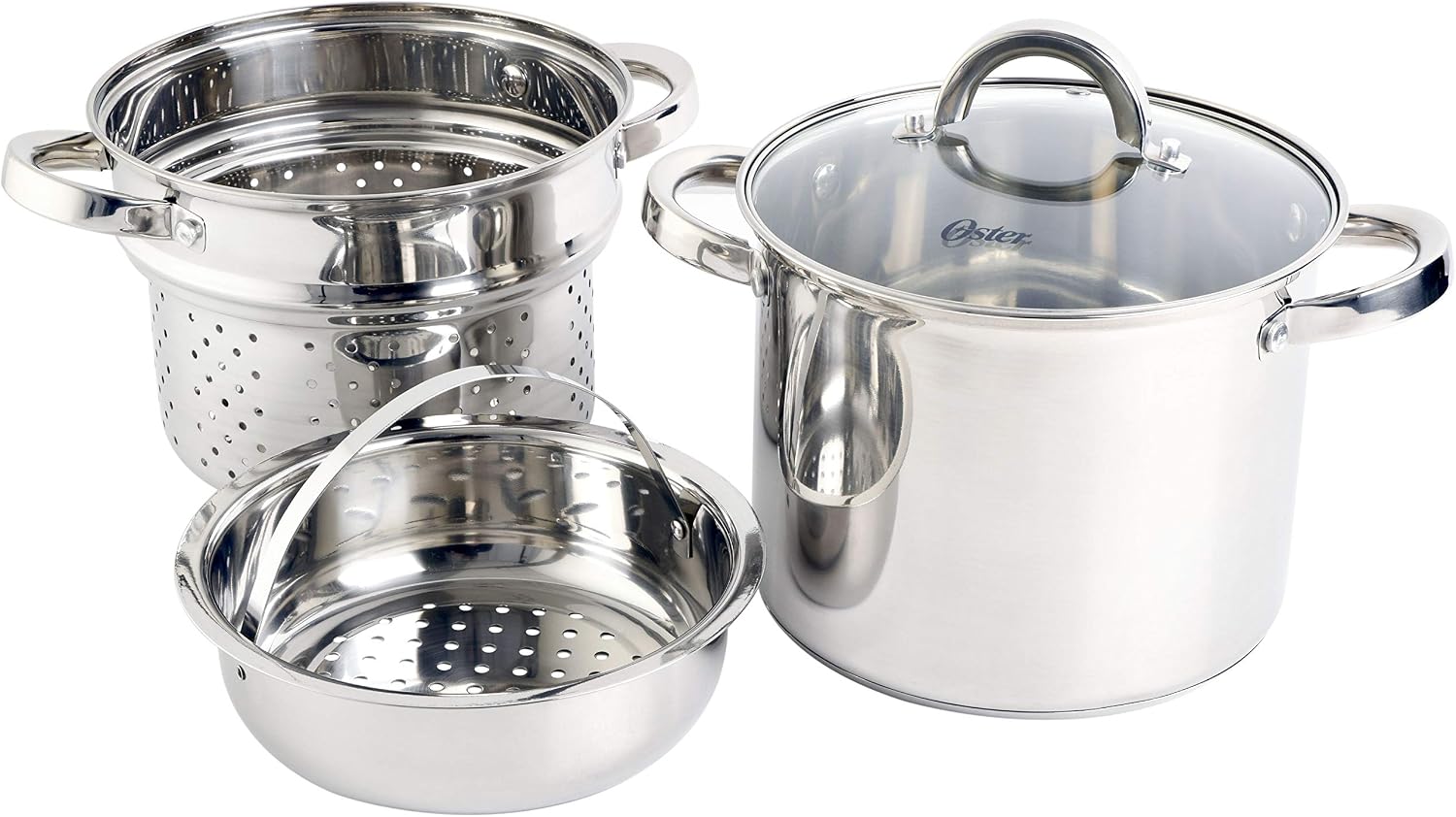 Oster Dutch Oven with Steamer Basket 3-Quart - Sangerfield Stainless Steel, Stovetop Steamer for Vegetables, Rice & Tamales, Dishwasher Safe