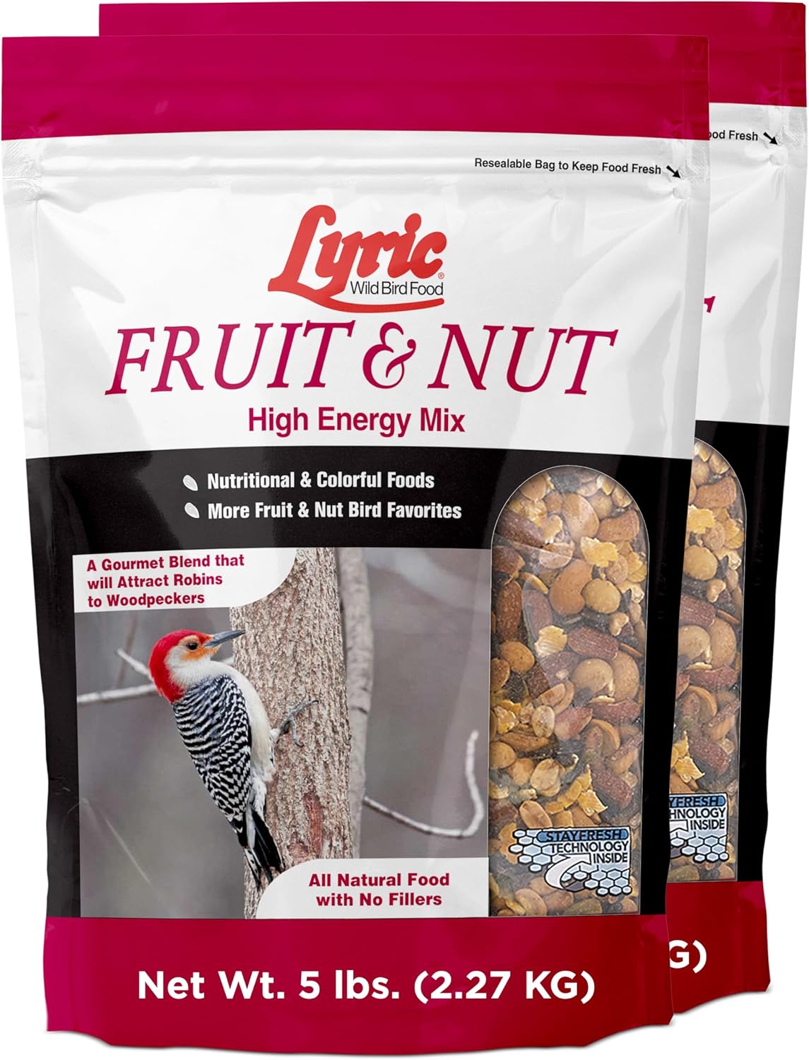 Lyric Fruit and Nut Wild Bird Seed - High Energy Wild Bird Food Mix - Attracts Woodpeckers, Chickadees & Other Songbirds -5 lb. Bag | Attracts Woodpeckers, Chickadees and other songbirds