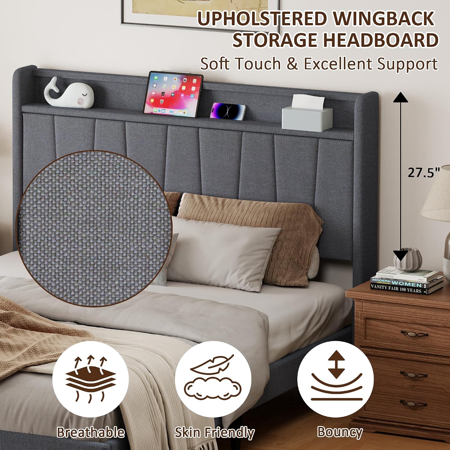 King Size Bed Frame with Headboard, Platform Bed with Upholstered Wingback Storage Headboard, Slats Support, No Box Spring Needed Beige