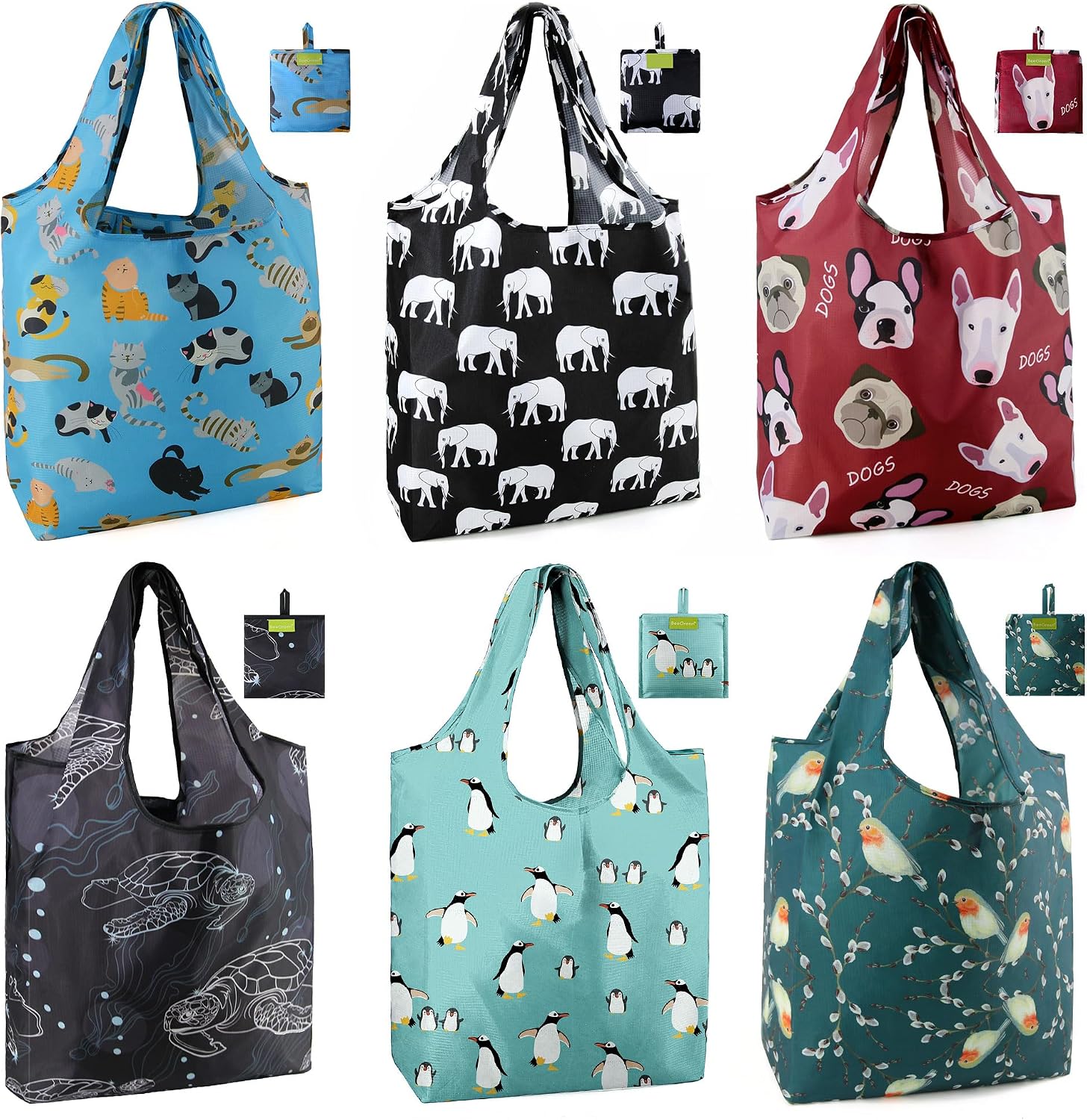 BeeGreen Grocery Bags | Reusable Gift Bags, Large Tote for Women & Foldable Beach Bag - 6 Pack Reusable Bag With Handles | Collapsible Cute Cloth Storage for Market, Holiday & Shopping | Washable​