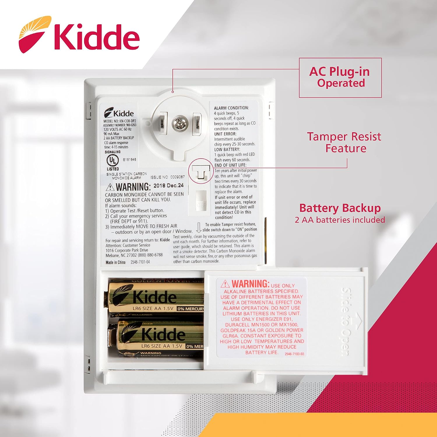 Kidde Carbon Monoxide Detector, Plug-in Wall with AA Battery Backup, Test-Hush Button