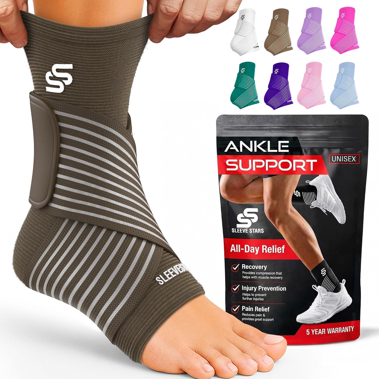 Sleeve Stars Ankle Brace for Women & Men, Ankle Wrap for Sprain, Compression Sleeve for Plantar Fasciitis Relief, Easy Customizable Support: w/ Removable Strap (Single/M:10"-12"/Black)