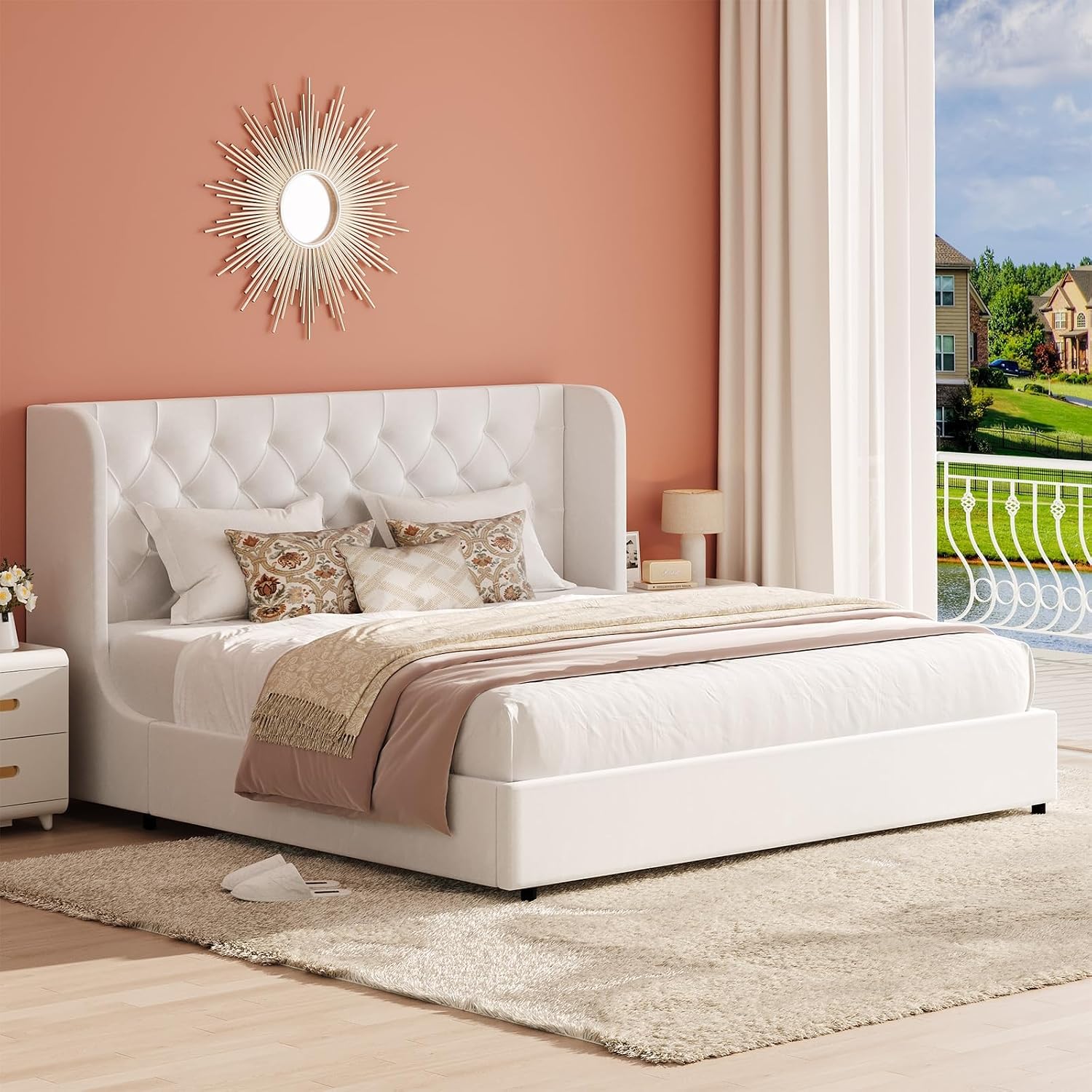 HOMBCK Full Size Bed Frame with Headboard, Upholstered Platform Bed, White | Velvet Tufted Curved Wingback/Wooden Slats Support/No Box Spring Needed/Noise-Free/Easy Assembly