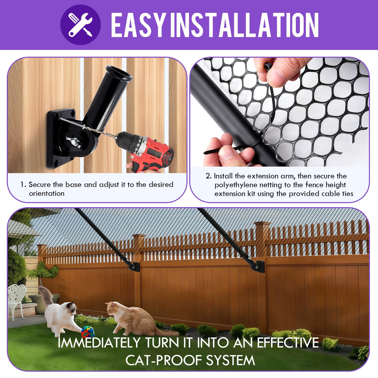 Cat Fence Extension & Conversion Kit | 30-Inch Height, 50-Foot, Wood, Metal, Vinyl & Brick Fences, Durable Polyethylene, Easy Install, Complete Set