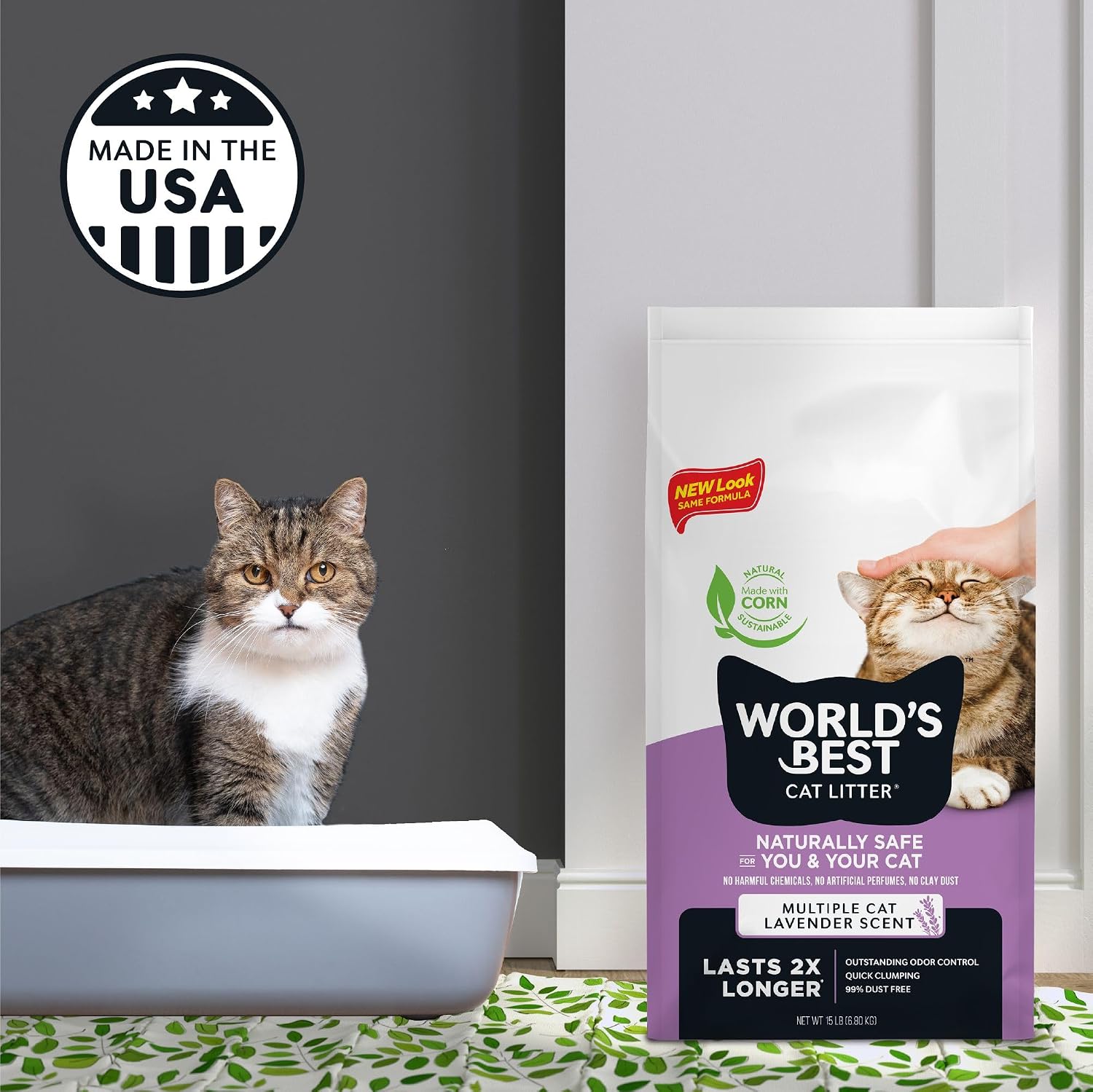 World's Best Cat Litter, Lavender Scented, Long-Lasting Odor Control, 15 lb | Controls multi-cat odors with a calming lavender scent; natural corn litter, quick clumping, flushable, 99% dust free formula