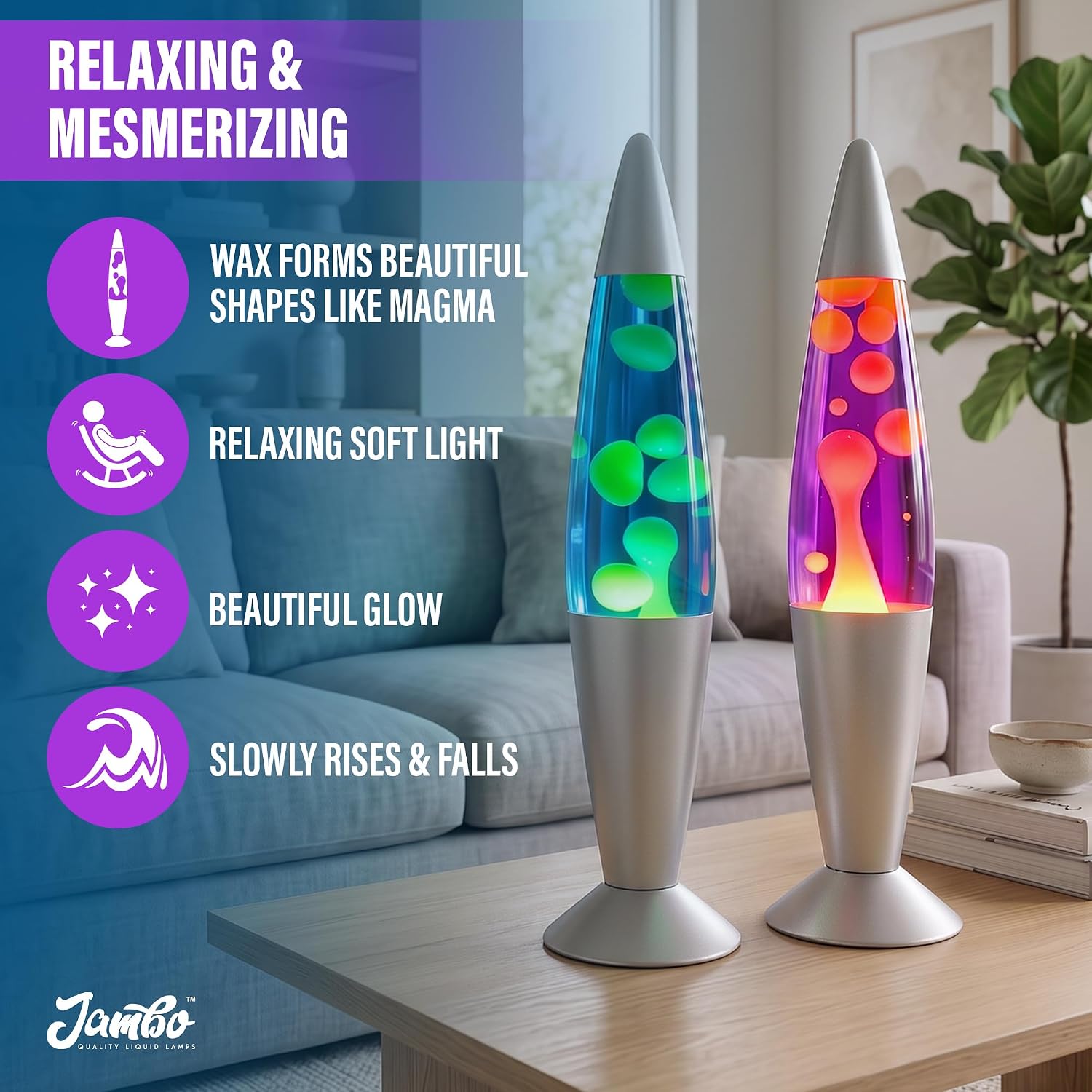 JAMBO 16" Beautiful Lamp- Purple with Yellow/Orange Wax, Relaxing Liquid Light, Night Light Nightlight