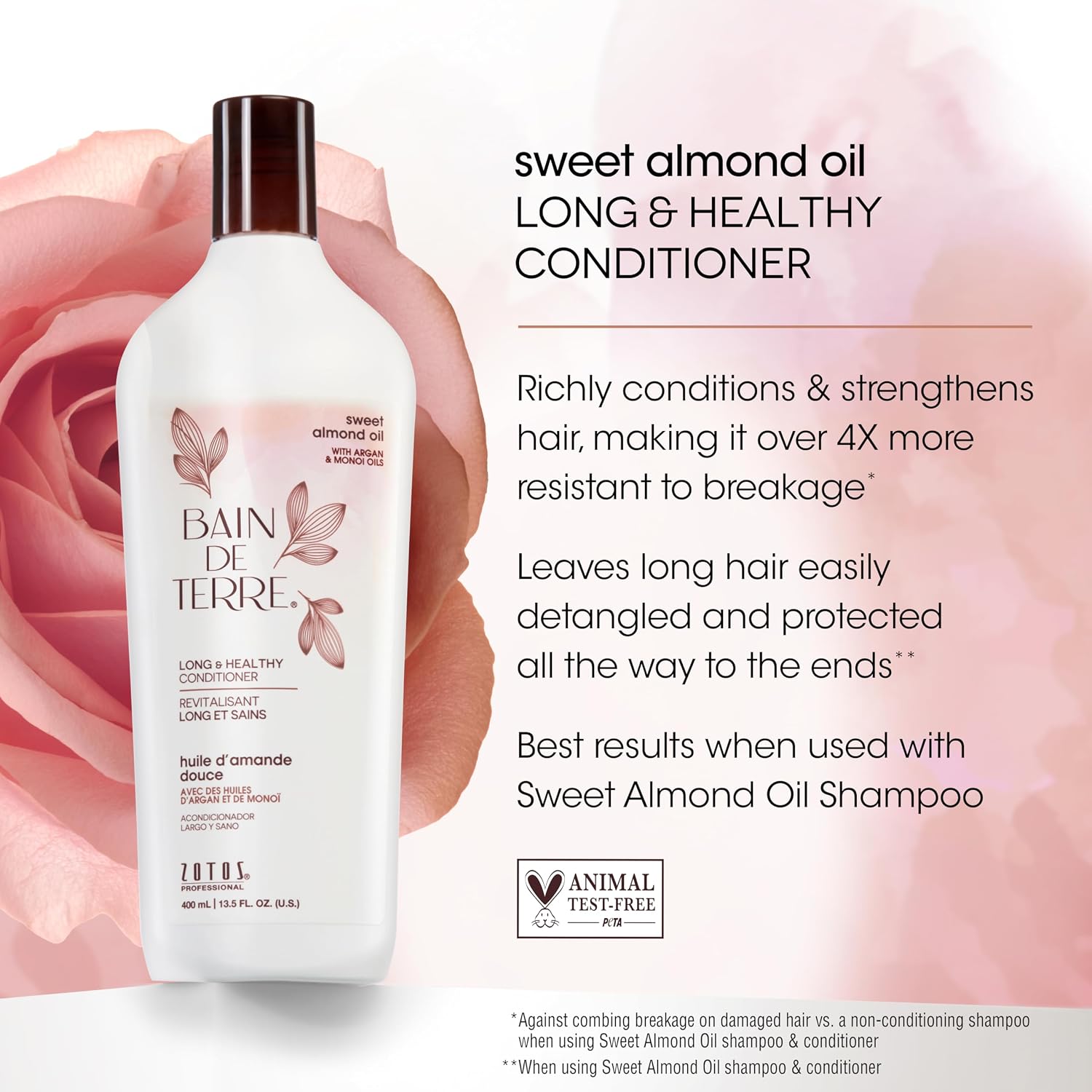 Bain de Terre Sweet Almond Oil Long & Healthy Conditioner, Strength & Protection for Weak, Damaged Hair, with Argan & Monoi Oils, Paraben-Free, Color-Safe, Vegan