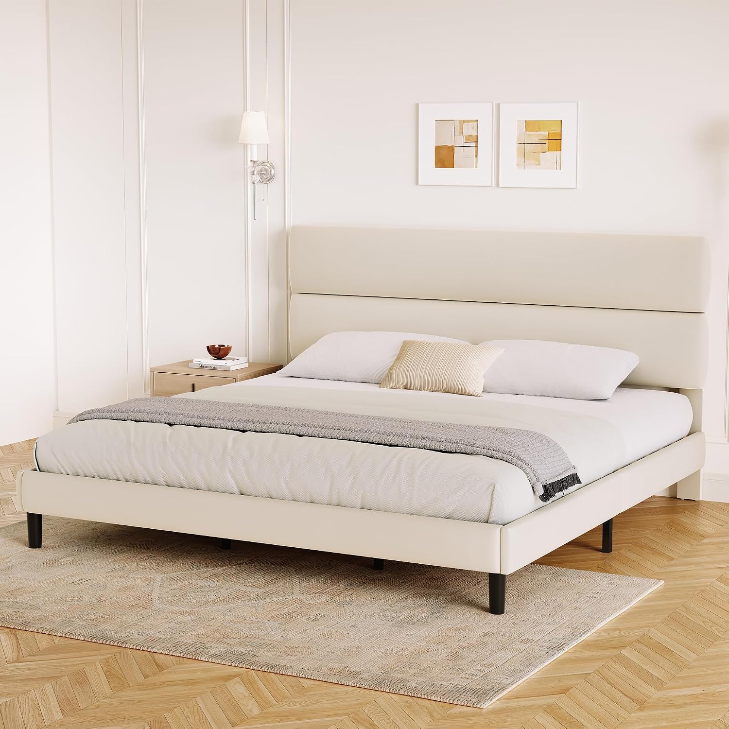 GRUSIGN Queen Size Platform Bed Frame with Velvet Headboard, Adjustable Height Wooden Slats Support, Upholstered Mattress Foundation, Fits Mattress or Mattress with Box Spring, Easy Assembly, Beige