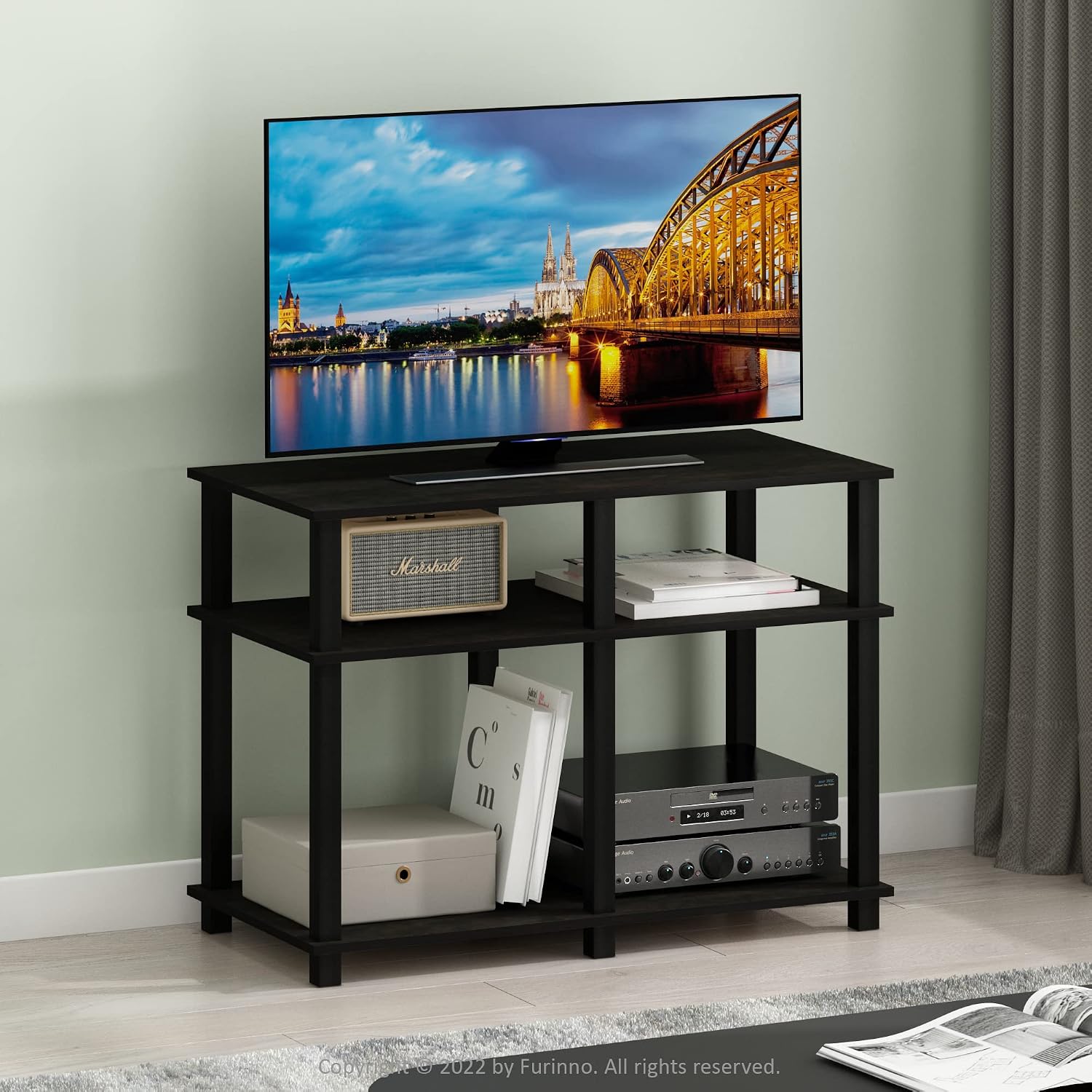 Furinno Turn-S-Tube No Tools 3-Tier Entertainment TV Stands, Dark Cherry and Black