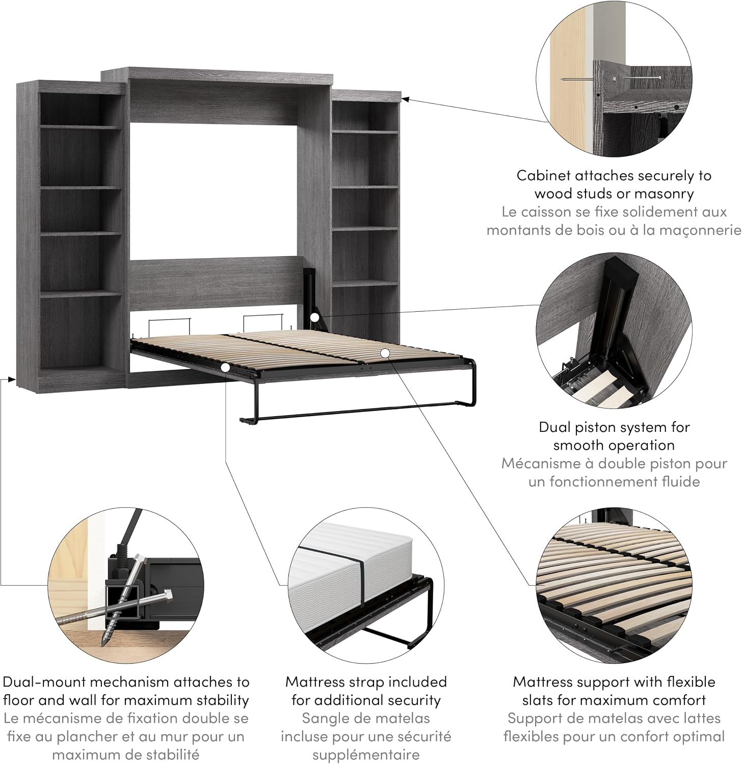 Bestar Pur Queen Murphy Bed, 65-inch Space-Saving Sleeping Arrangement for Multipurpose Area, Bedroom, Guest Room, or Living Room | Dual piston mechanism; for guest room or multipurpose space; Shaker-inspired trim with metal handles