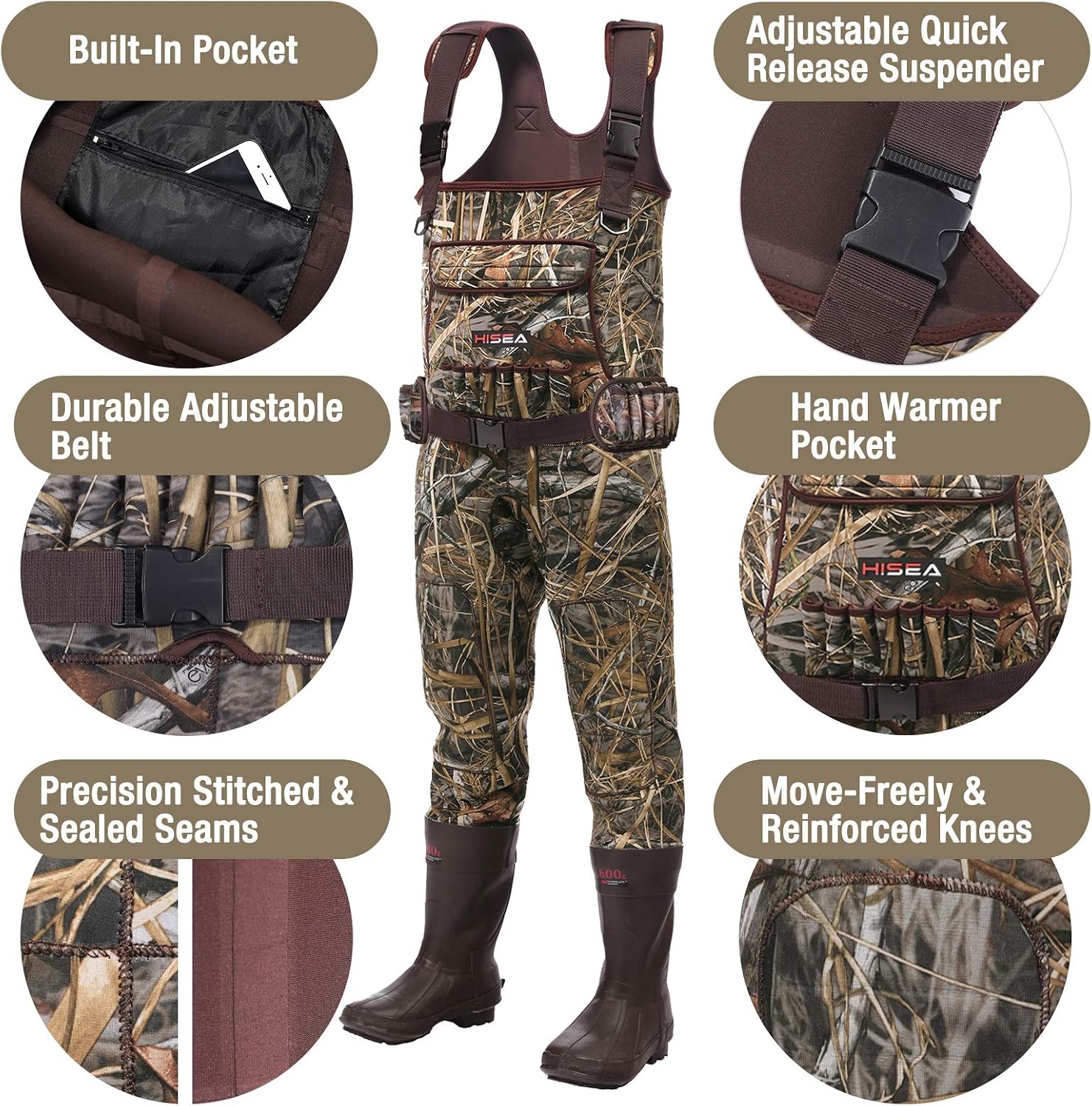 HISEA Hunting Waders for Men 600G Insulated Neoprene Chest Wader Waterproof | 4.5mm Neoprene, with Boots, for Fishing & Duck Hunting