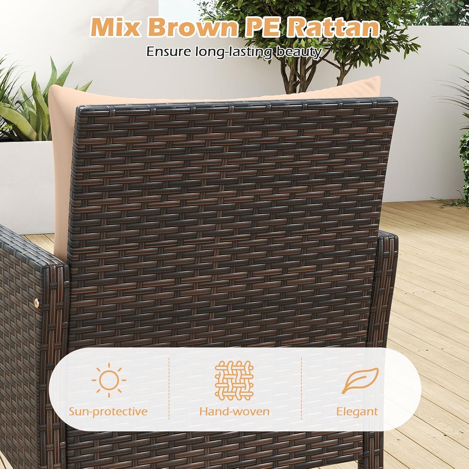 Tangkula 3 Piece Outdoor Patio Furniture Set, Wicker Chairs Set with Glass Top Coffee Table, Thick Cushions