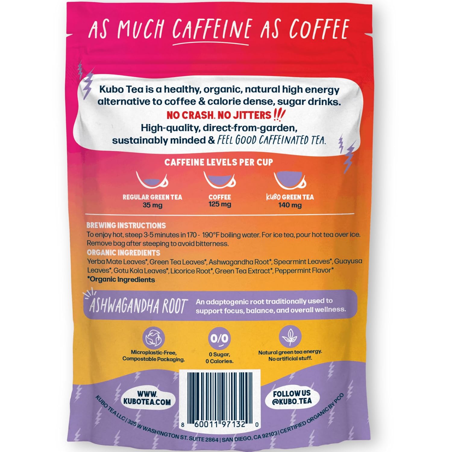 Kubo Energize Yerba Mate Tea, Organic High Caffeine Energy Tea Bags - 20 Ct