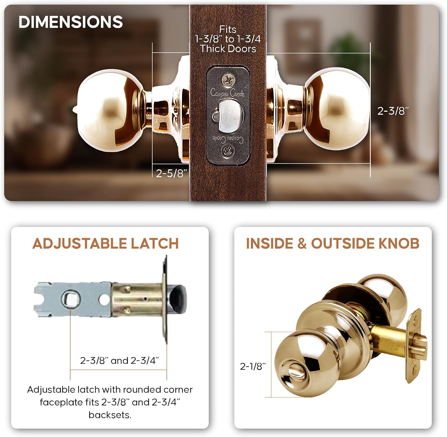 Copper Creek Privacy Interior Door Knob – ANSI Grade-3 Certified, Modern Heavy Duty Handle, Easy Install and Reversible for Bedroom, Bathroom & Closets – Satin Stainless (1 Pack)