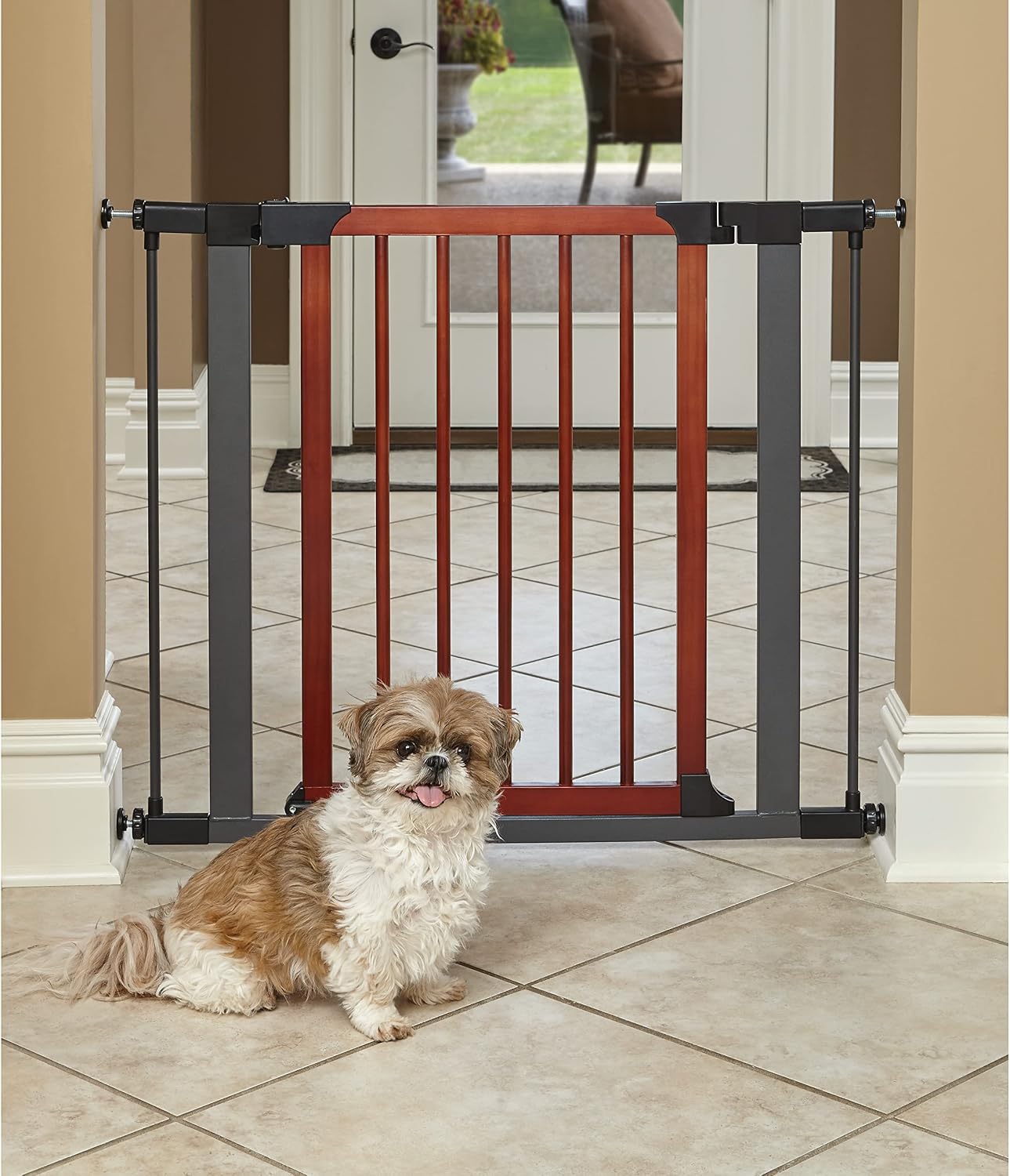 Midwest Homes 39-Inch Steel Walk-Thru Dog Gate, Expands to 38" | Pressure Mounted, Expands 29.5"- 38" Wide, Auto-Close Door, Spring-Loaded Latch, Includes Two 3" Extensions
