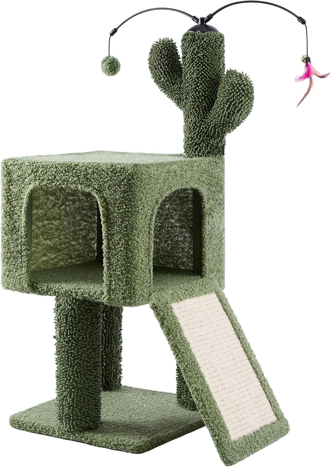 32" Cat Tree for Indoor Cats, 2-in-1 Cat House with Sisal Scratching Post & Ramp, 2-Level Cat Tower with Rotatable Feather & Ball Toys, Stable Grey Cat Condo for Small/Medium Cats, Grey