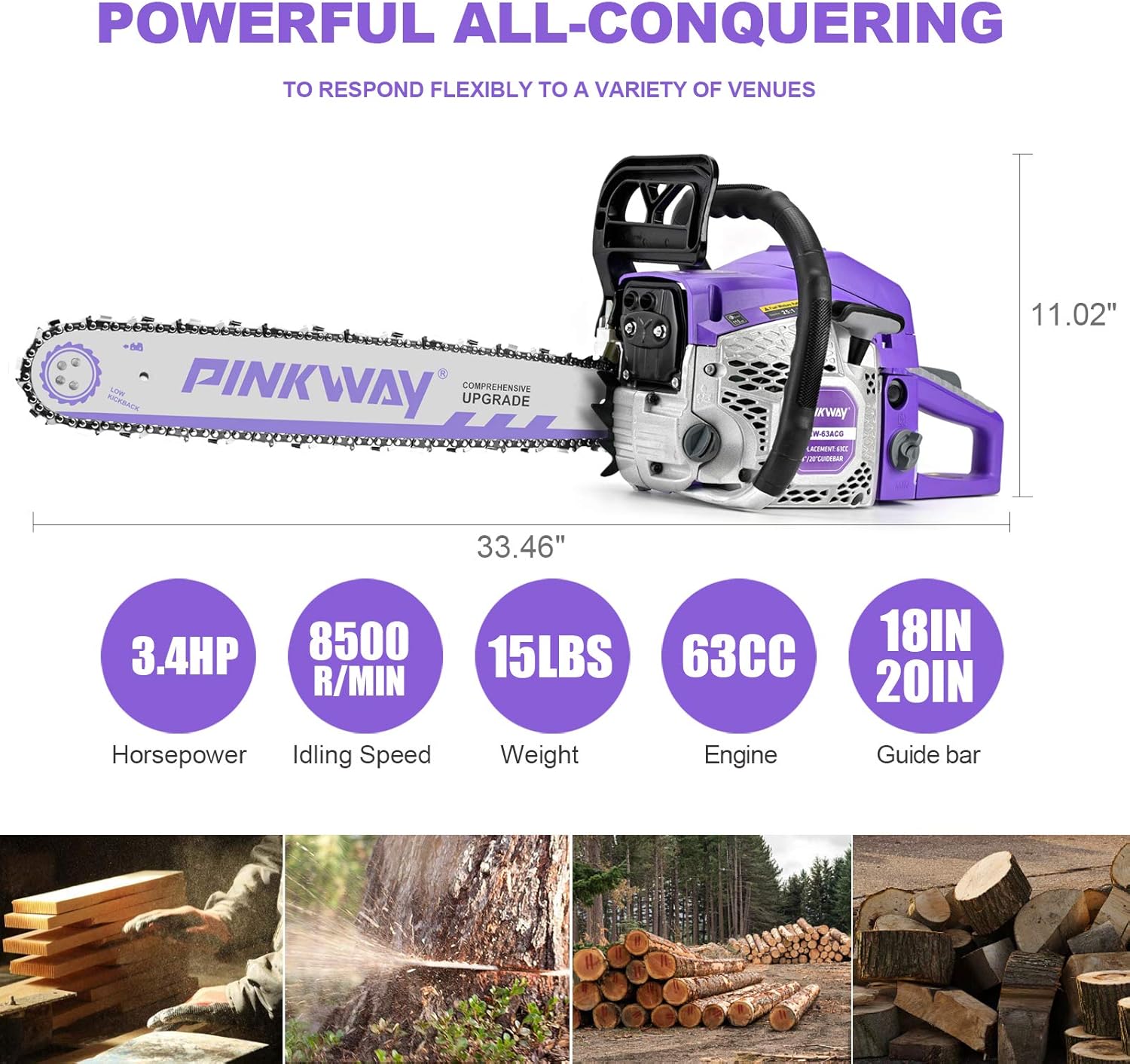 2-cycle 63CC Chainsaw Saw Gas Powered 20" Chain Saws Cordless Petrol Saw Handheld Chainsaw for Cutting Wood Trees Branches (63ACK)