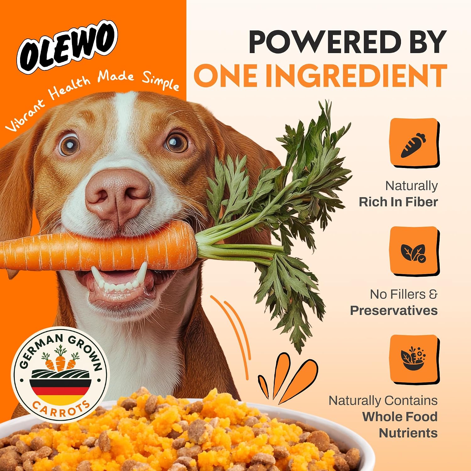 Olewo Carrots Dog Food Topper for Digestive Support & Firm Stools, 1 lb | Real-food digestive support. Whole-food alternative to powders, blends & synthetic supplements. Made in Germany.