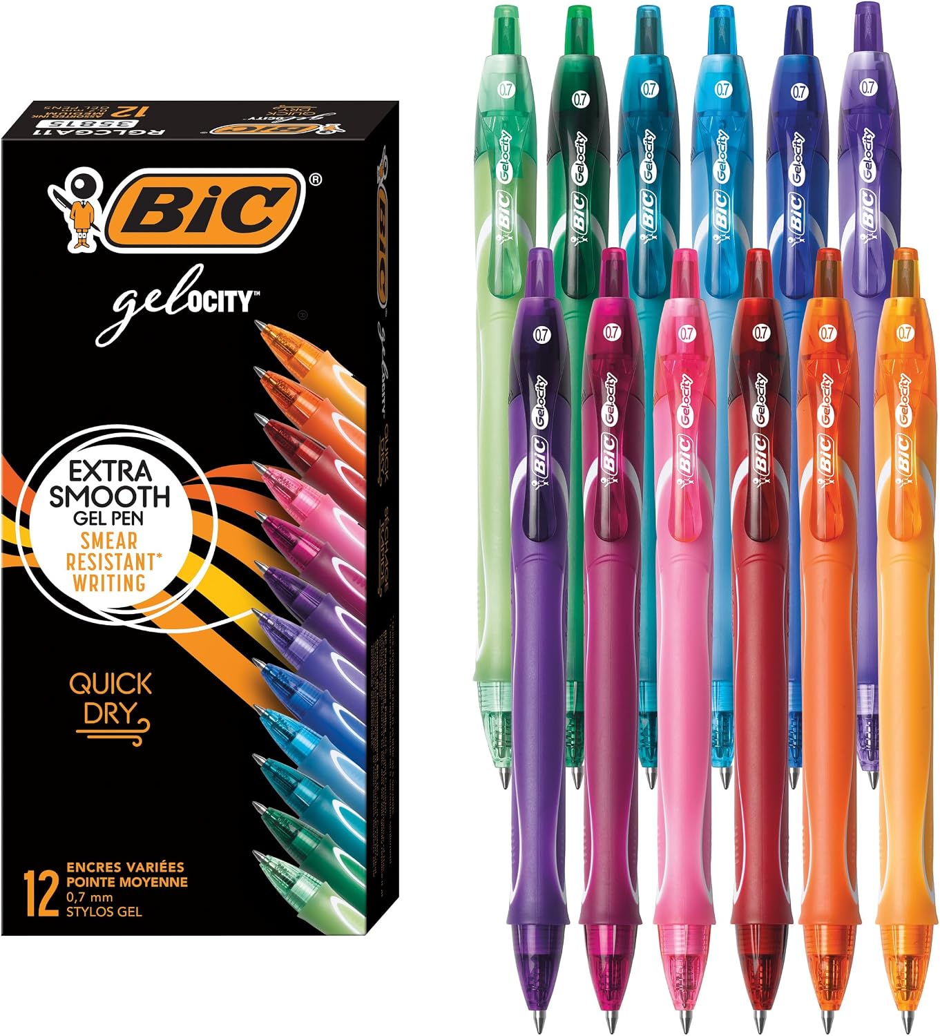 BIC Gelocity Quick Dry Black Gel Pens, Medium Point, 0.7 mm, 12-Count | Quick Dry Ink Resists Smearing | Full-Length Comfort Grip | Ideal for Students and Teachers | 12 Pens in Pack