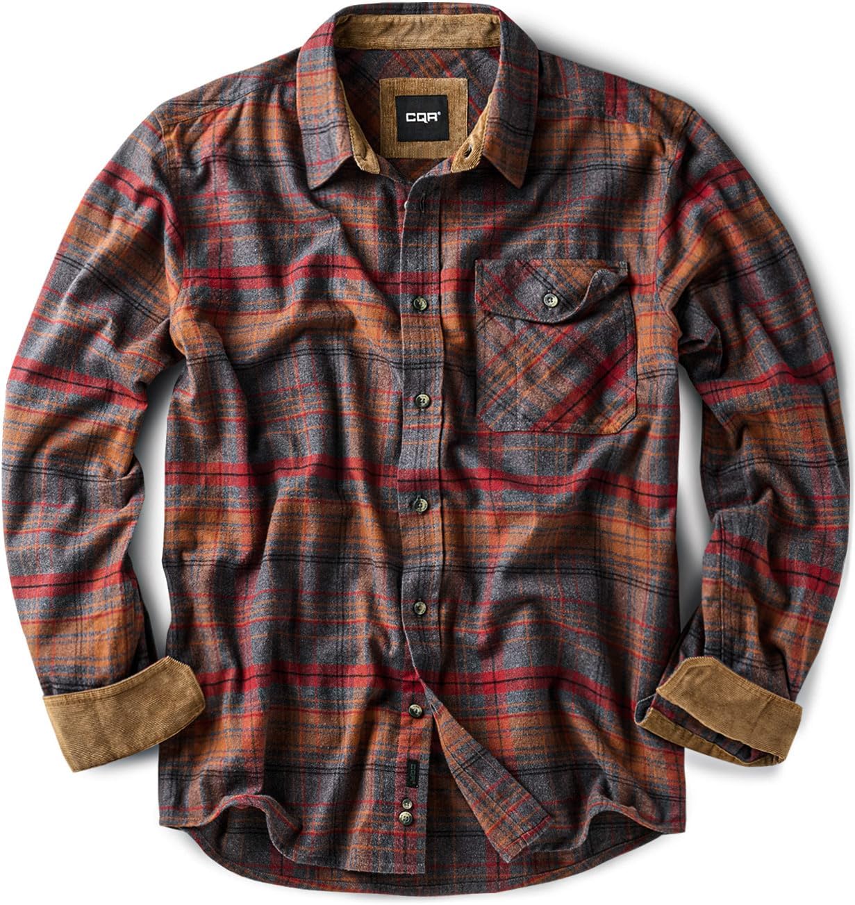 CQR Men's 100% All Cotton Button Down Flannel Shirts, Long Sleeve Brushed Warm Soft Casual Outdoor Plaid Shirt