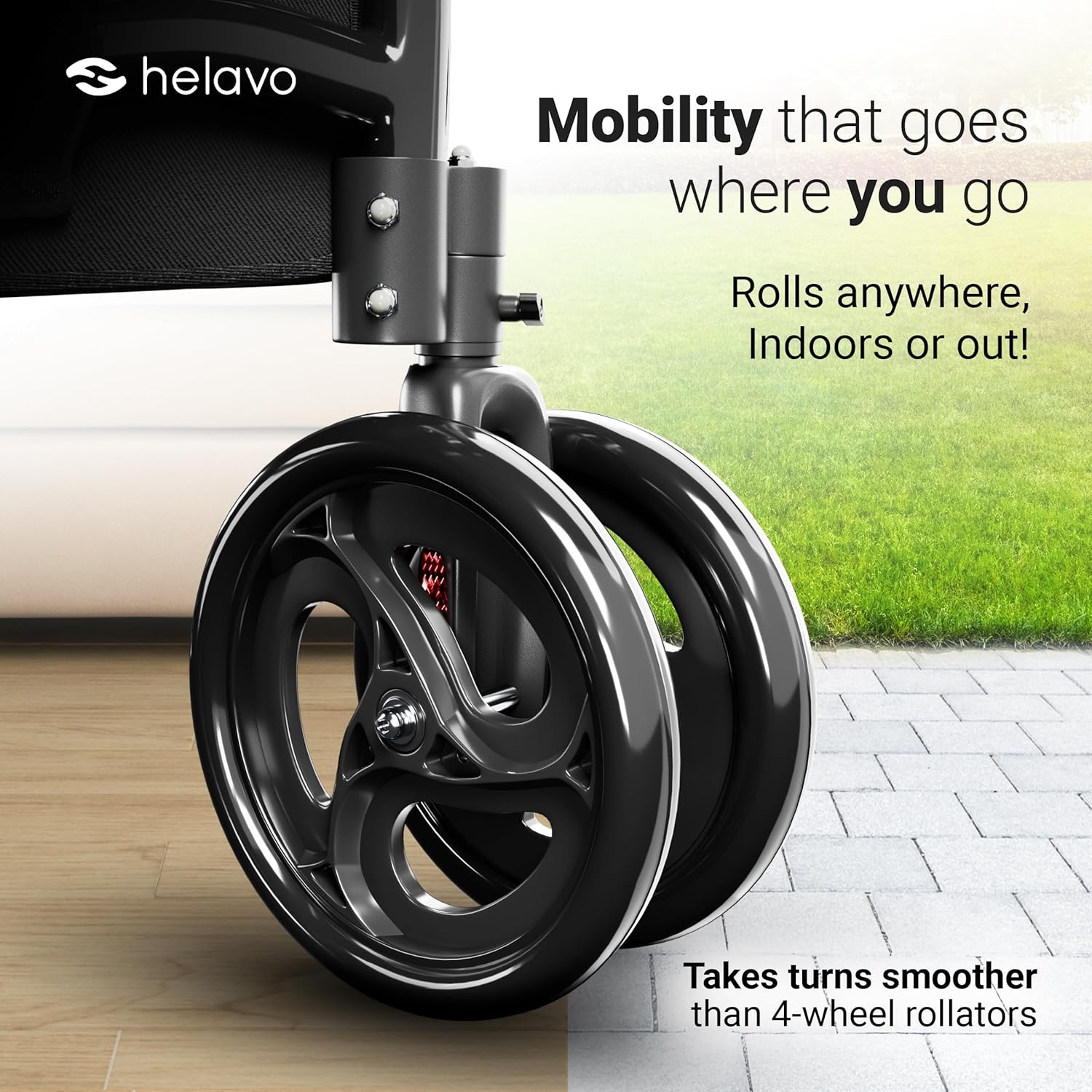 Helavo 3 Wheel Walker with Double Front Wheels, Narrow Walker for Seniors | Rollator Walker for Small Spaces, Easier Maneuverability, 26.8" Wide