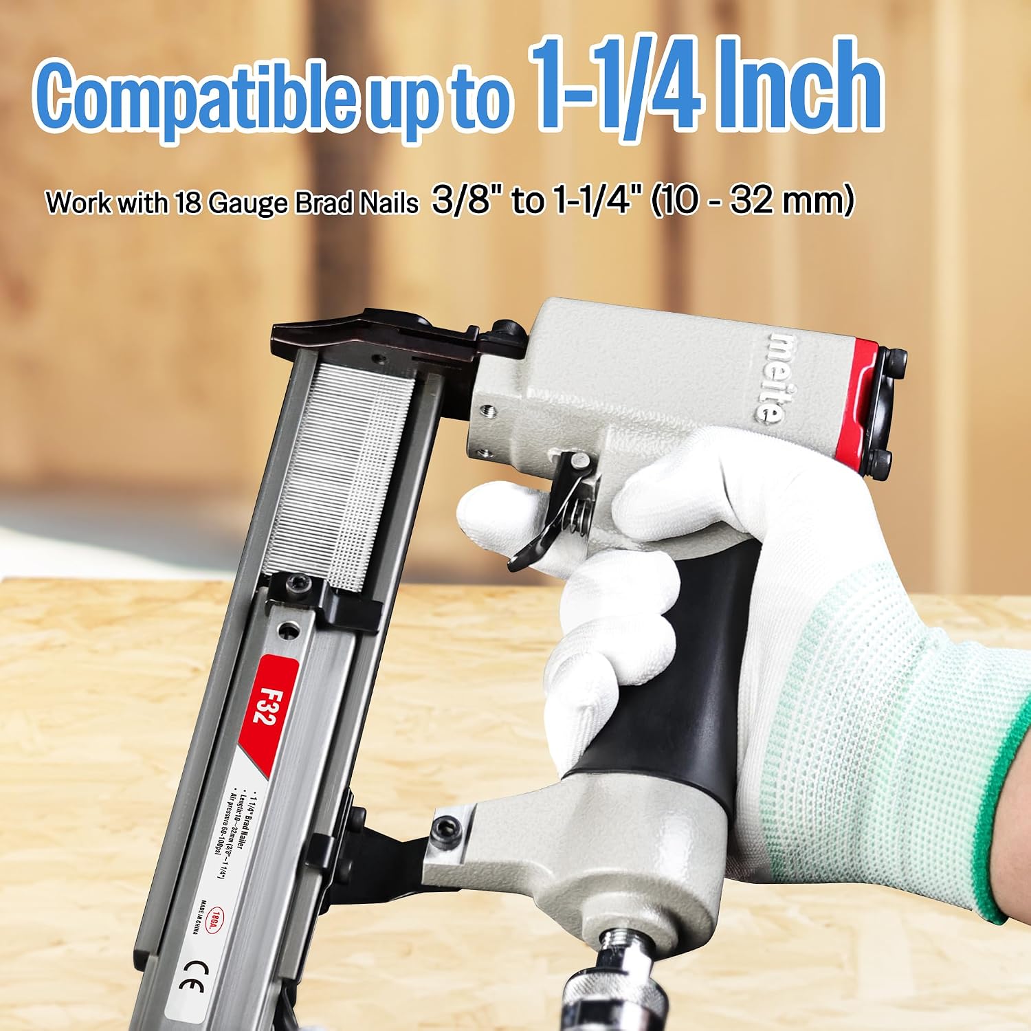 meite F32 Brad Nailer 18 Gauge 3/8" to 1-1/4" Pneumatic Tool for Woodworking Projects