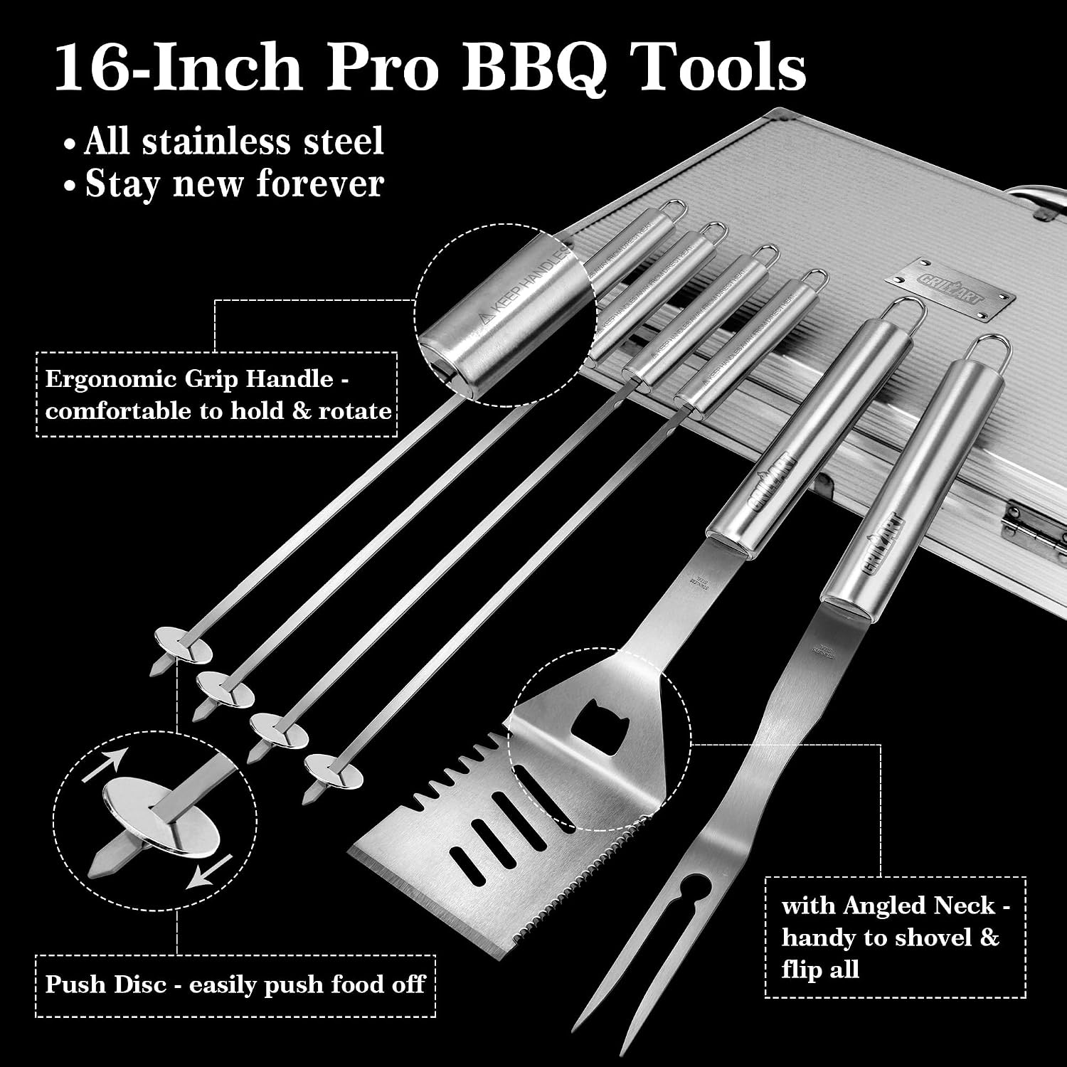 GRILLART BBQ Grill Utensil Tools Set Reinforced BBQ Tongs 19-Piece Stainless-Steel Barbecue Grilling Accessories w/Aluminum Storage Case -Complete