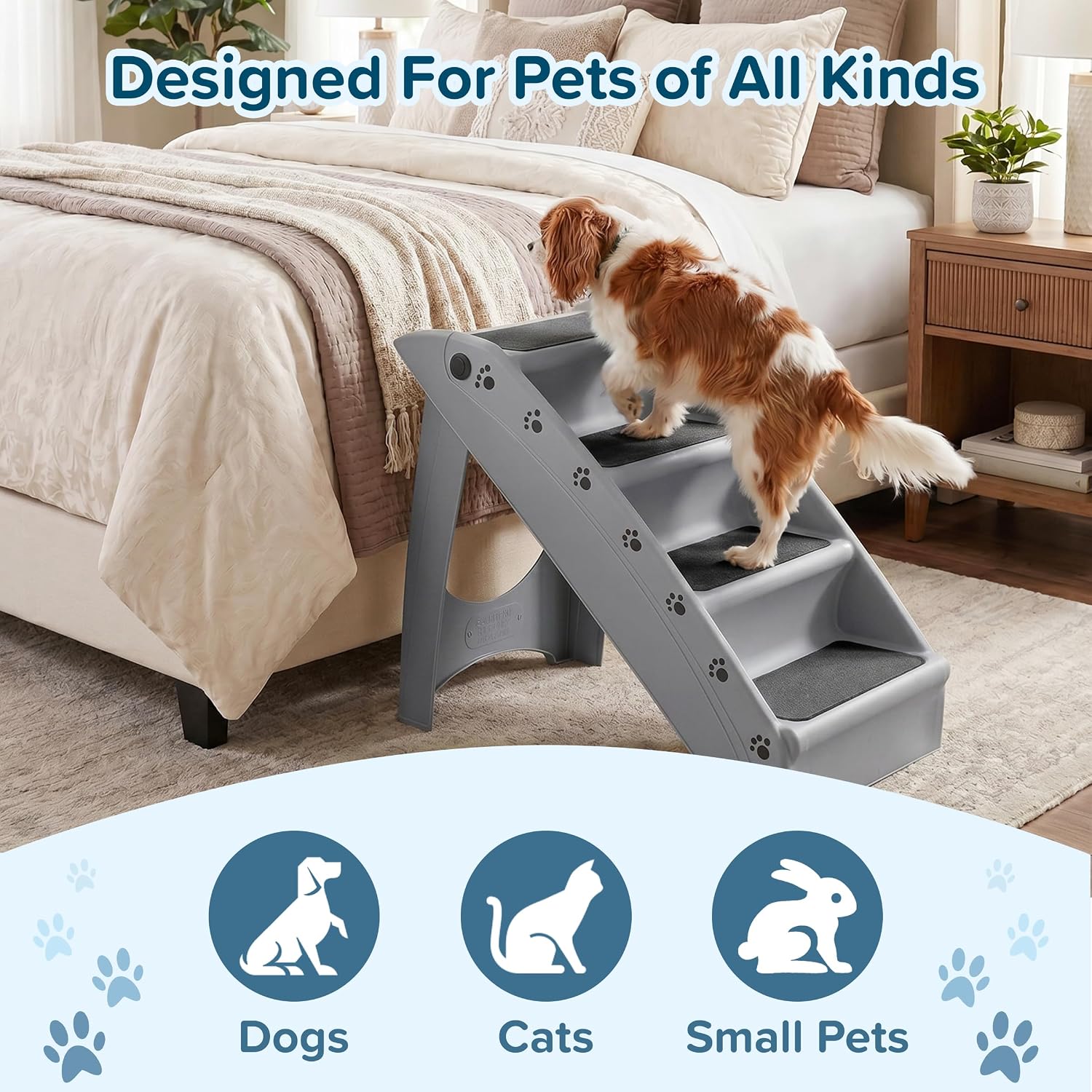 Pet Stairs - Home and Vehicle Foldable Nonslip Dog Steps with 4-Step Design - For Puppies, Kittens, and Other Small Pets by PETMAKER (Tan)