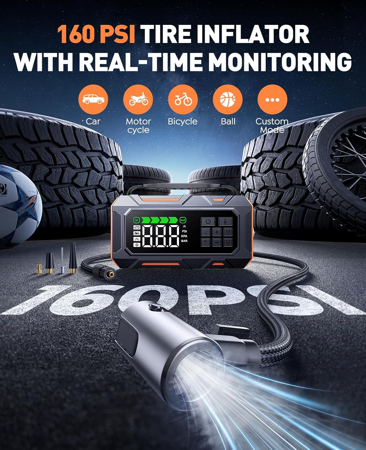 TREKURE 16-in-1 8000A Car Battery Jump Starter with Air Compressor 160PSI, Jump Starter Jump Box (All Gas 12L Diesel) with Portable Jumper Cables