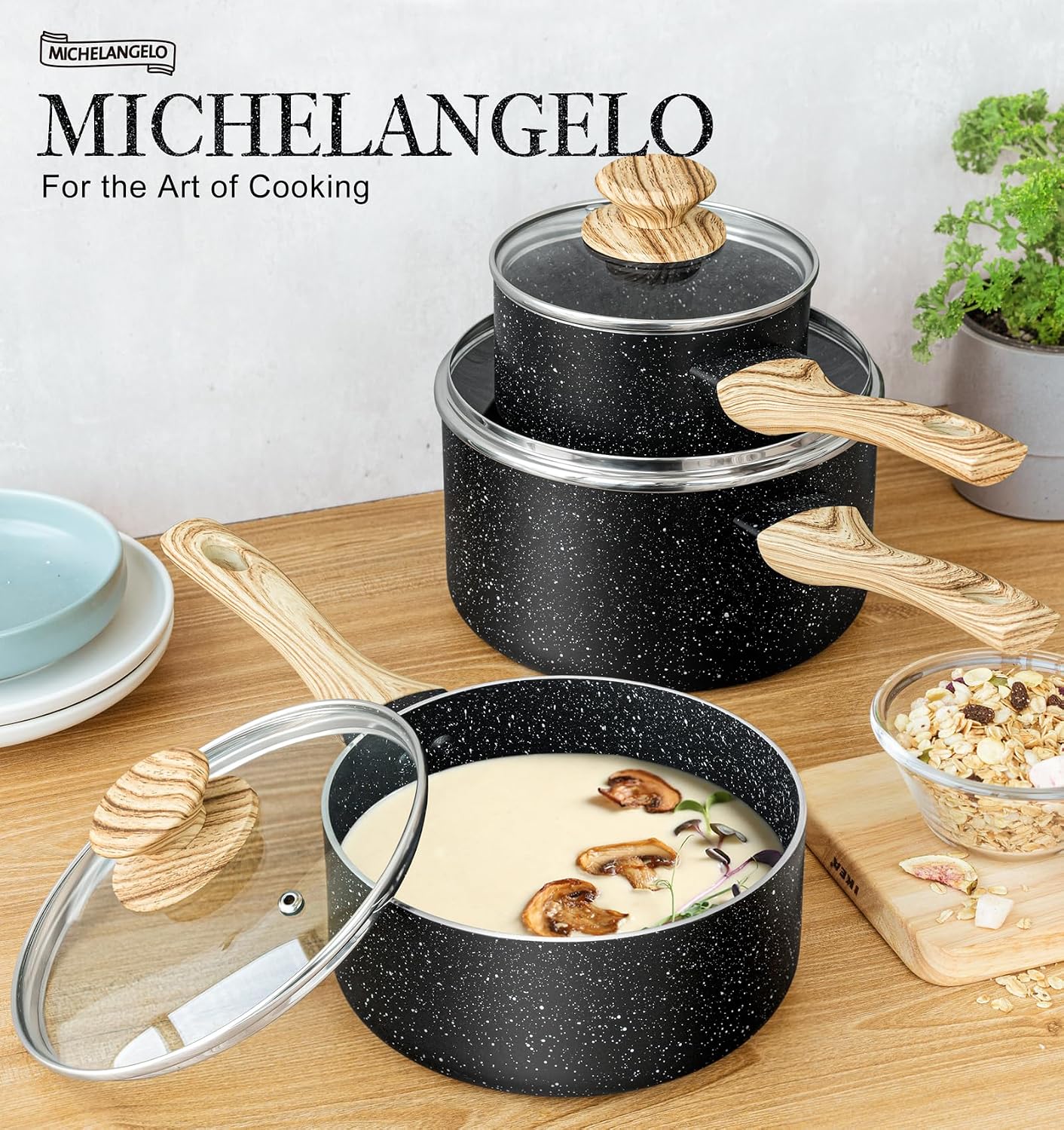 MICHELANGELO 3 Quart Saucepan with Lid, Nonstick Sauce Pan with Lid, Small Sauce Pot, Granite Coating Sauce Pan 3 Quart