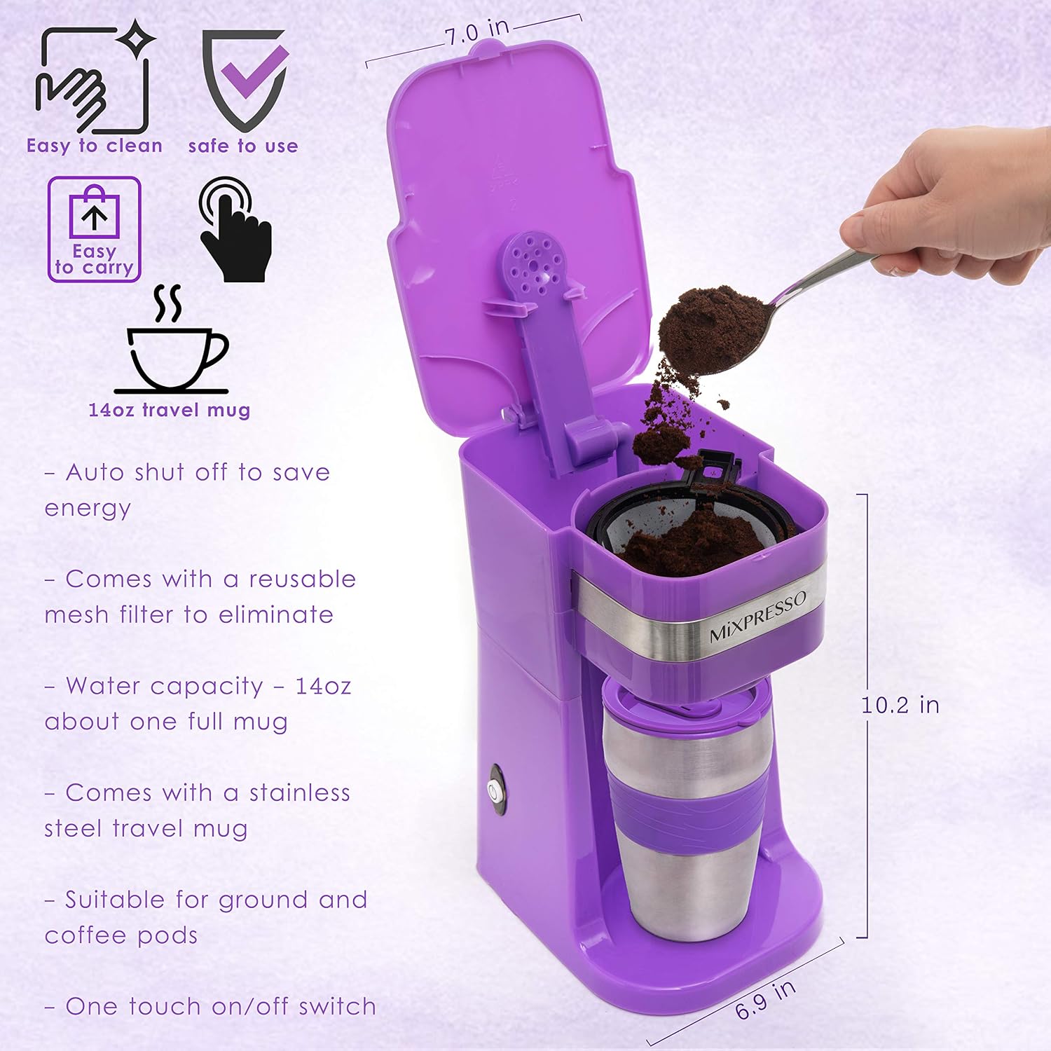 Mixpresso Single Serve & Single Cup Coffee Maker with 14oz Travel Mug Black | For ground coffee only, reusable filter, auto shut off. Compact personal drip coffee maker, not compatible with K-Cup pods.