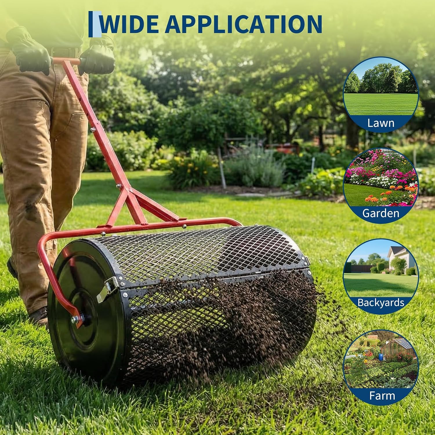 24 Inch Compost Spreader, Metal Mesh Roller Peat Moss Spreader with Adjustable T-Handle, Powder-Coated Lawn Seeder for Topsoil, Grass Seed