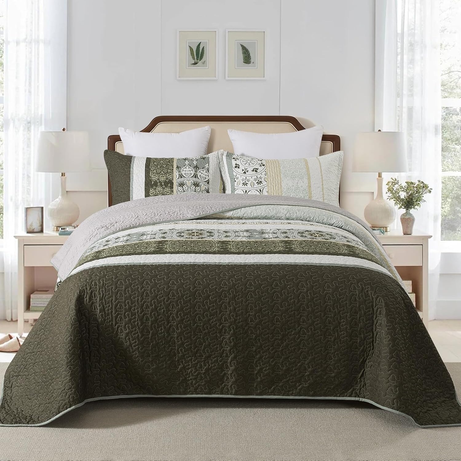 Striped Classical Cotton 3-Piece Patchwork Bedspread Quilt Sets, King Size