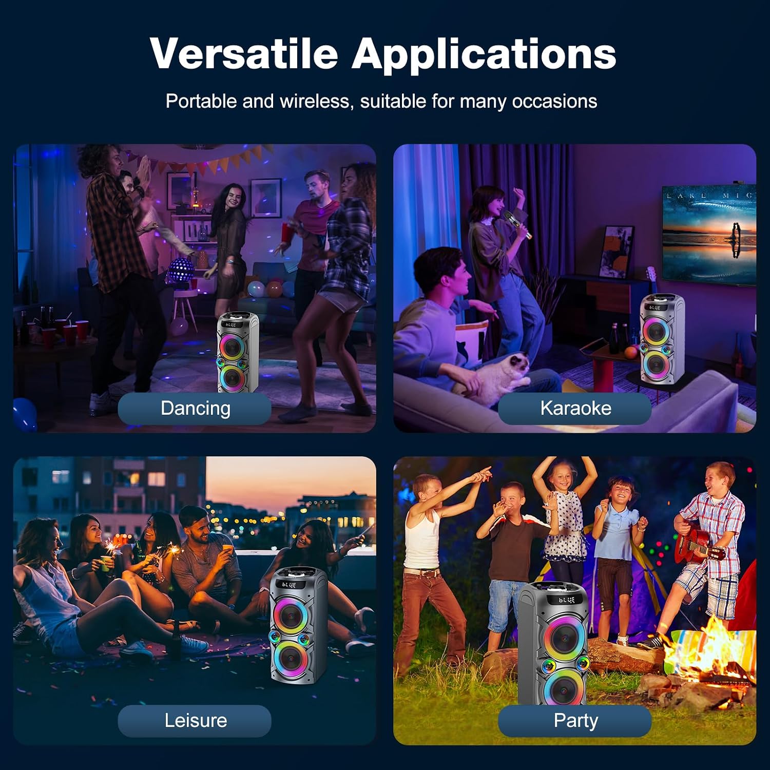 Karaoke Machine with 2 Wireless Microphones, Portable PA System Big Bluetooth Speaker with LED Lights, Remote Control Support Bass/Treble Adjustment