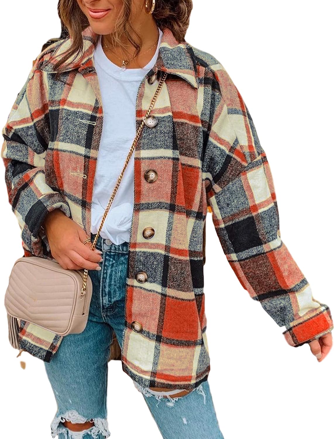 Yeokou Women's Plaid Flannel Shacket Oversized Button Down Long Sleeve Shirt Jacket Casual Spring Fall Outfits