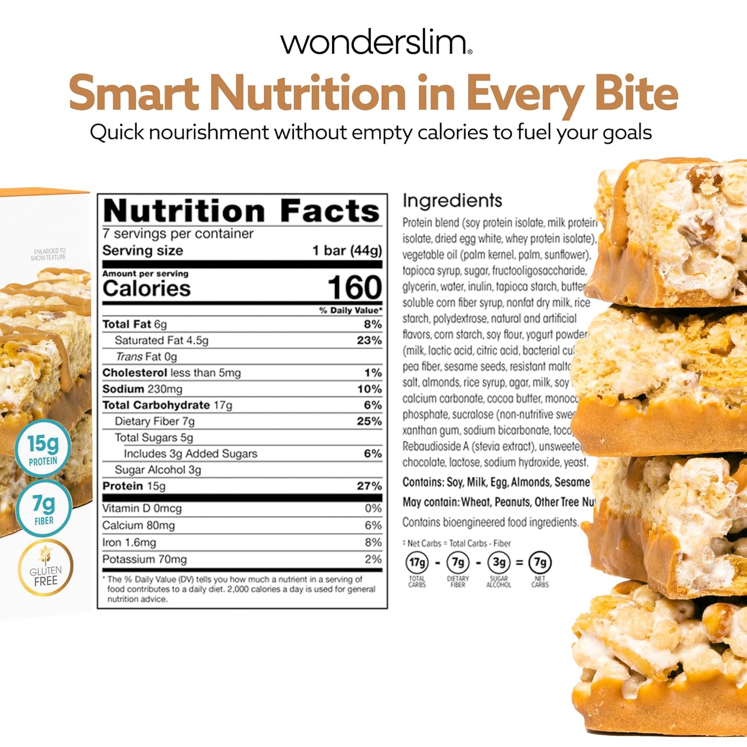 Wonderslim High Fiber Protein Bars, Low Calorie Snack – Fluffy Nutter, 7ct | 15g Protein, 7g Fiber – Gluten-Free, Low Sugar, Protein Snack Bars for Hunger & Craving Control, Weight Management Support