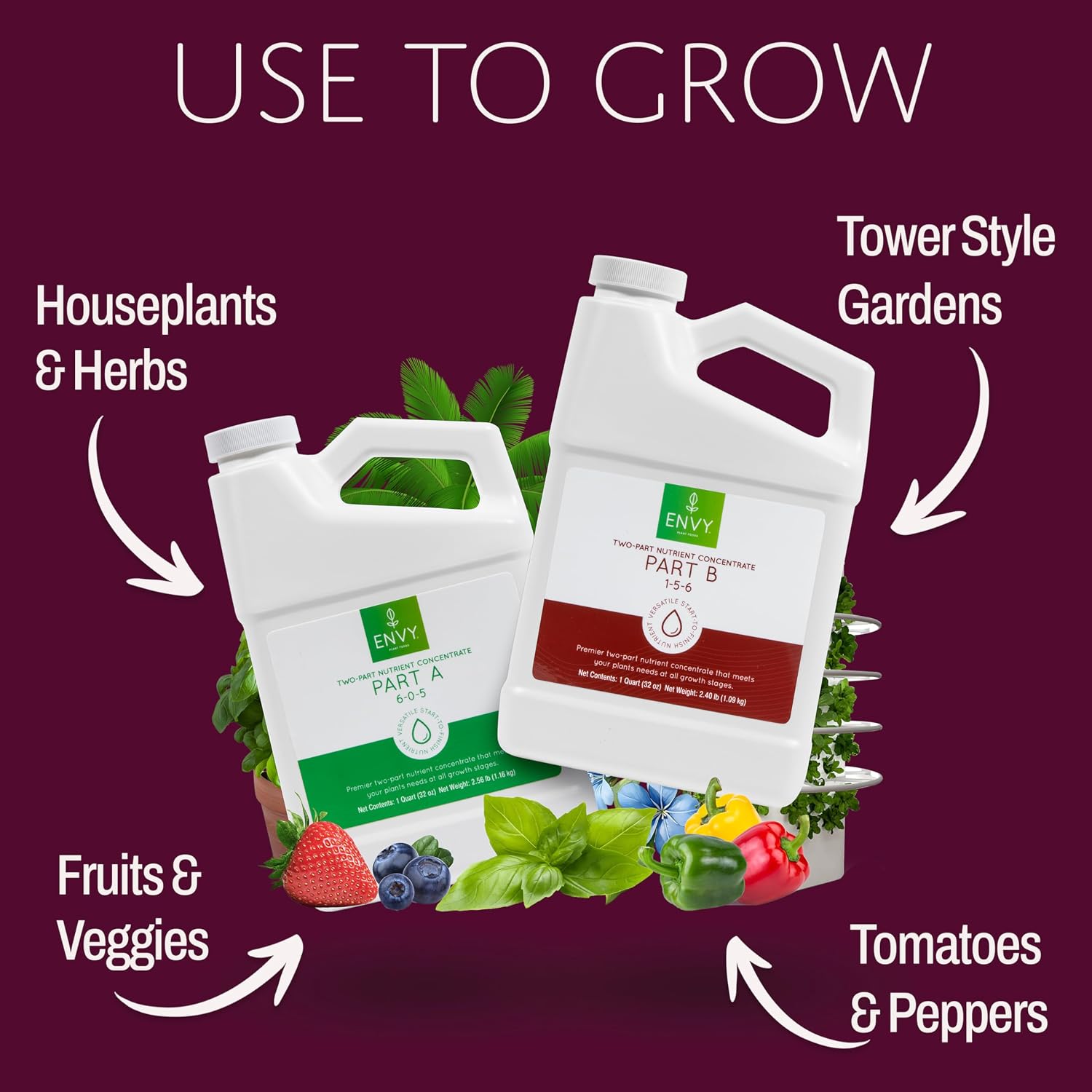 ENVY Hydroponic Plant Food A & B – Two-Part Liquid Nutrient for Indoor/Outdoor Plants – Soil, Coco, Hydroponics, DWC – Quart Set