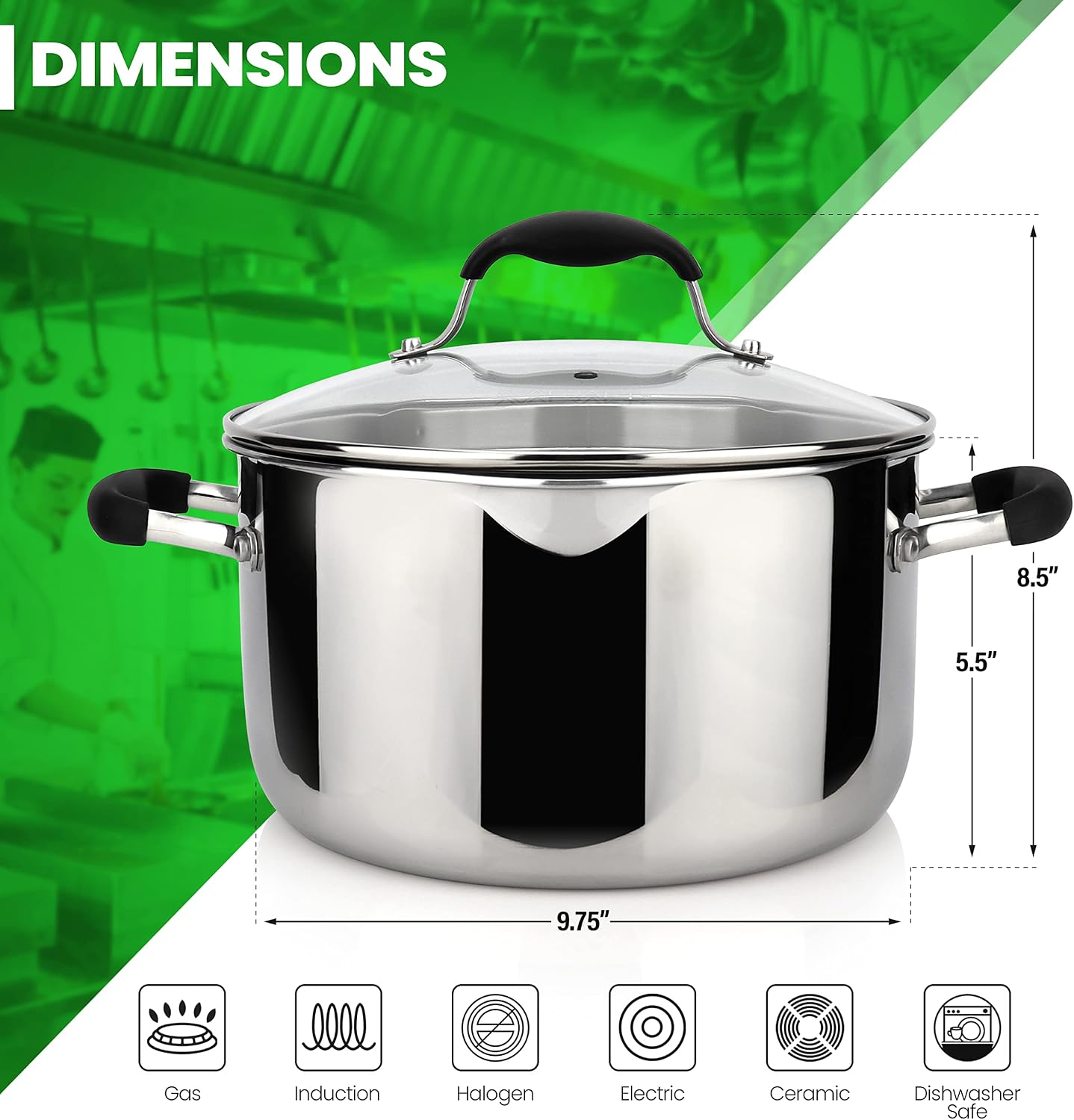 AVACRAFT 6 Quart Stainless Steel Stock Pot with Glass Strainer Lid | 5-Layer Capsule Base, Tempered Glass Strainer Lid, Drip-Free Pour Spouts, Induction Compatible, Dishwasher Safe