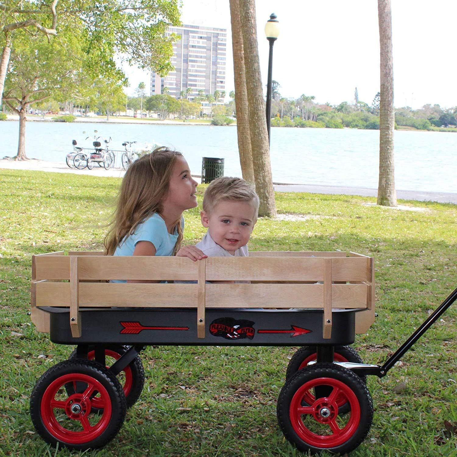 Flexible Flyer All-Terrain Wagon for Kids with Steel Bed & Wood Sides, Extra-Long Pull Handle for Adults, Heavy Duty Toy, Garden & Beach Baby Wagon
