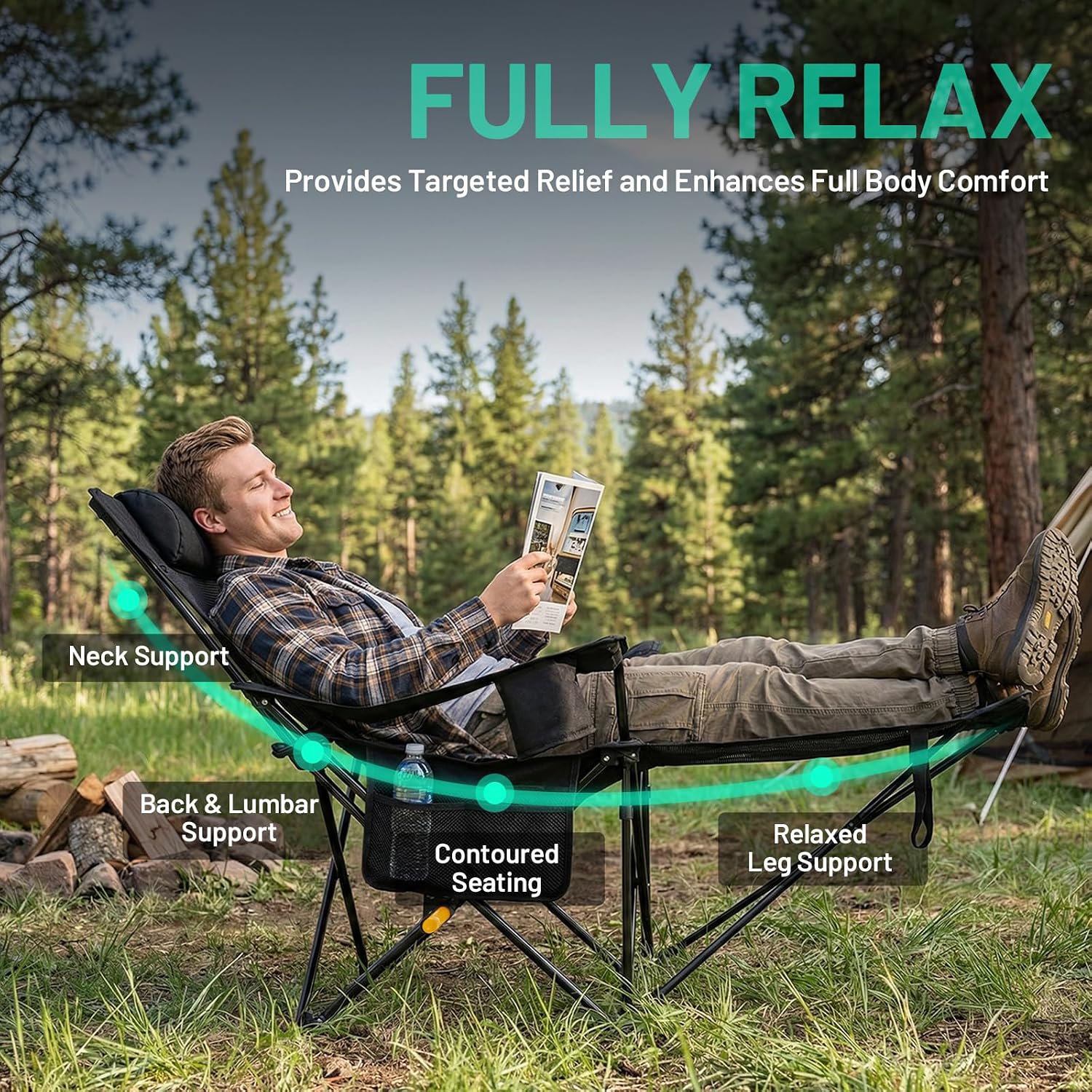 Overmont Reclining Camping Chair with Footrest - 4-Position Adjustable Backrest Lightweight Folding Lounge Chair for Adults with Pillow Carry Bag