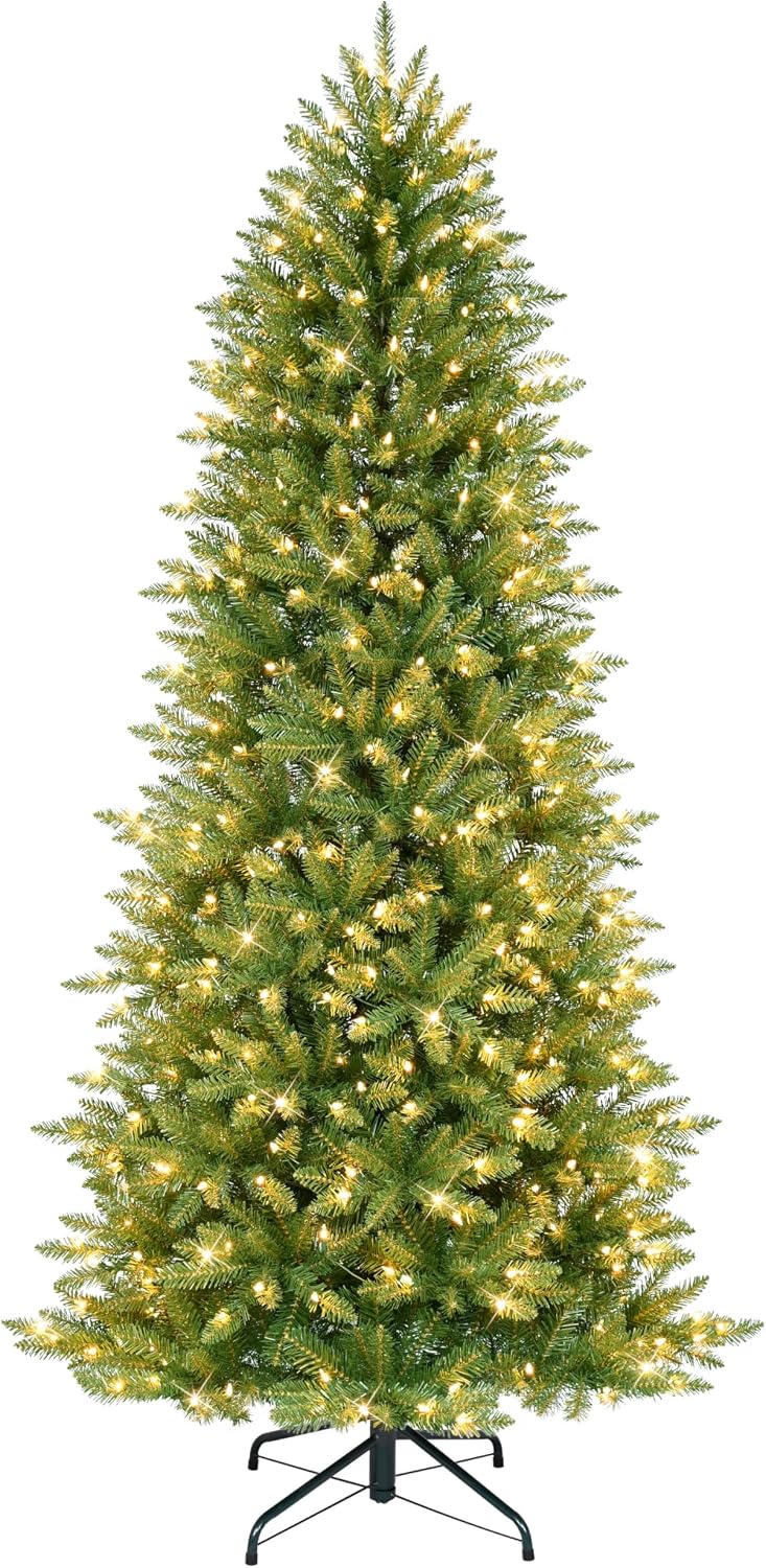 Puleo International 7.5ft Pre-Lit Slim Fraser Christmas Tree with 500 Warm White LED Lights, 1453 Realistic Dense Branch Tips, Easy Setup Artificial Trees with Sturdy Metal Stand