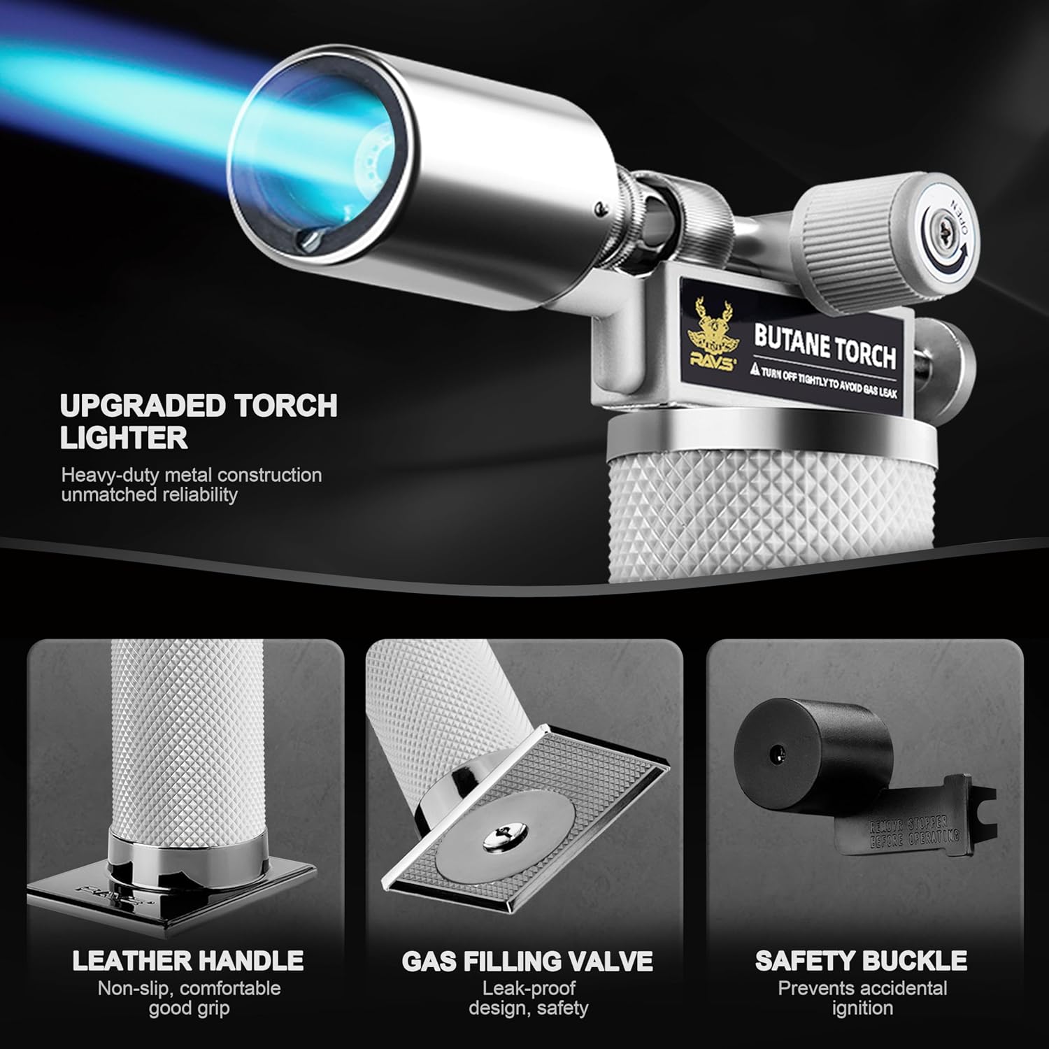 RAVS Butane Torch Lighter, Premium Metal Kitchen Torch with Adjustable Flame & Safety Buckle, Refillable Creme Brulee Torch for Baking, BBQ, DIY