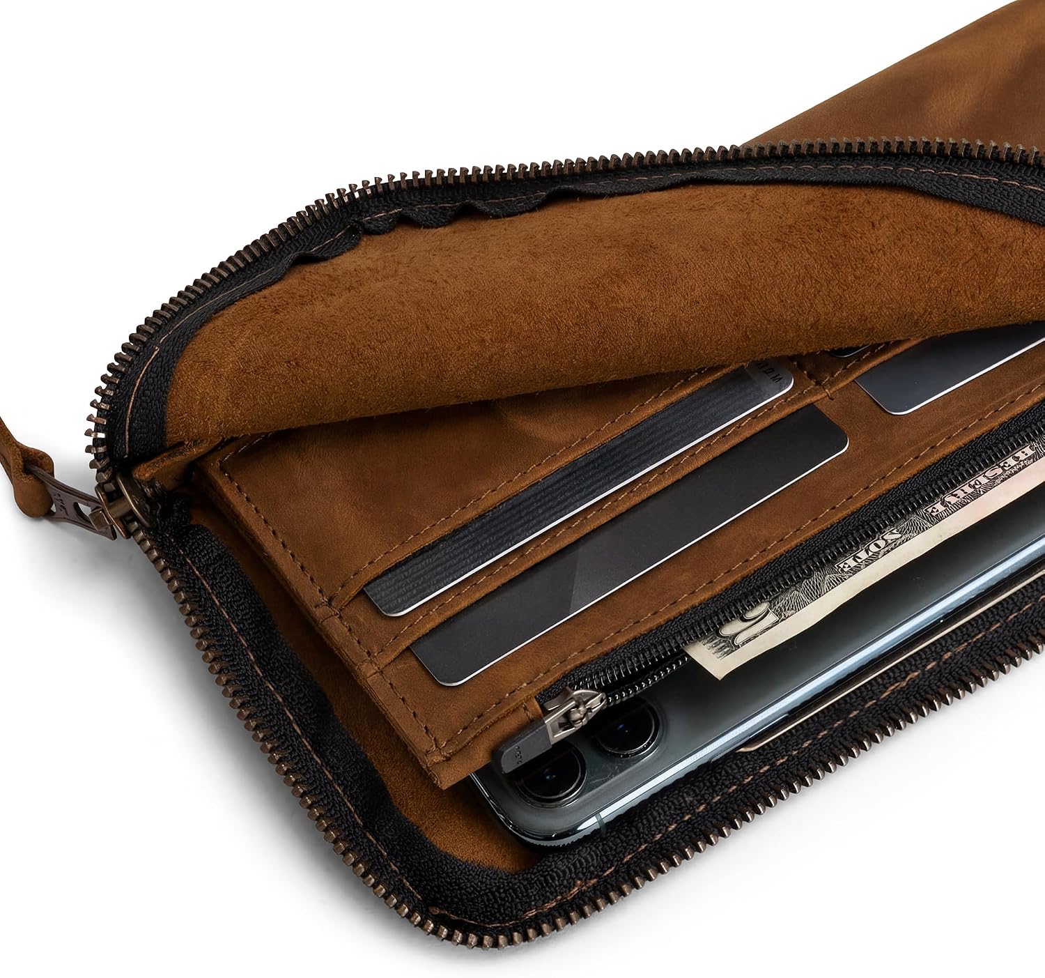 Hide & Drink, Leather Long Zippered Wallet, Holds Up to 8 Cards Plus Coins And Flat Bills, Phone Holder, Travel Essentials, Handmade (Bourbon Brown)