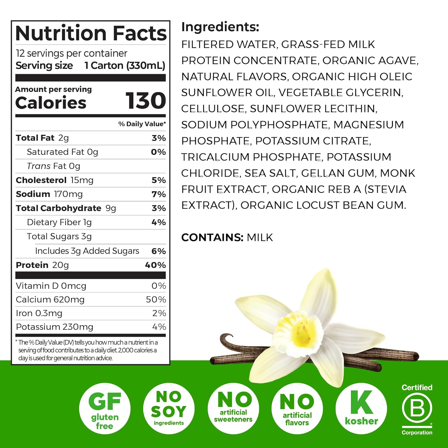 Orgain 20g Clean Grass Fed High Protein Shake, Vanilla, 11 oz, 12pk | Ready to drink dairy grass fed high protein, non-GMO, no soy ingredients, gluten-free, kosher, low net carbs