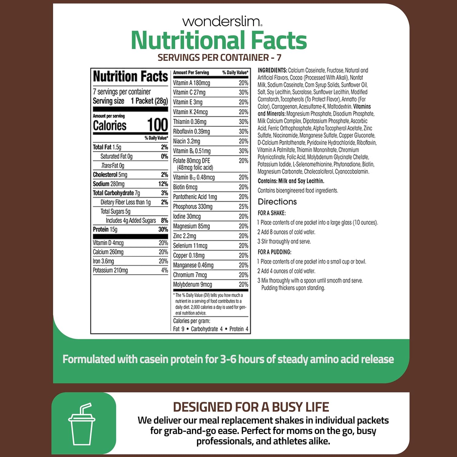 WonderSlim Protein Meal Replacement Shake – 15g Protein, 24 Vitamins & Minerals, Low Carb, Low Calorie, Gluten Free – Meal Replacement Drink for Weight Management, 7 Count Packets (Dark Cocoa Cream)