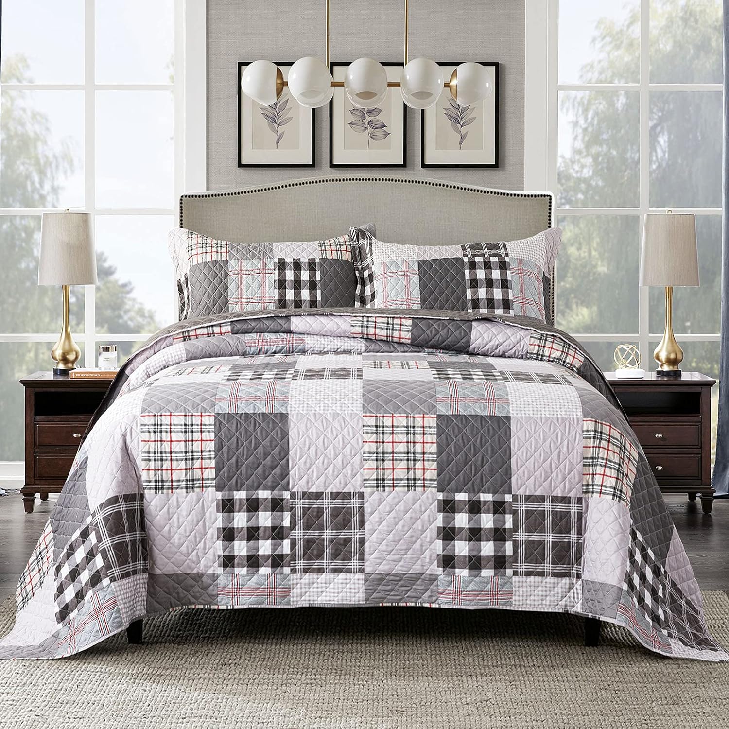 Travan Queen Quilt Set 3-Piece Bedspread Quilted Oversized Lightweight Microfiber Coverlet Set with Shams Violet Purple Floral Pattern Quilted