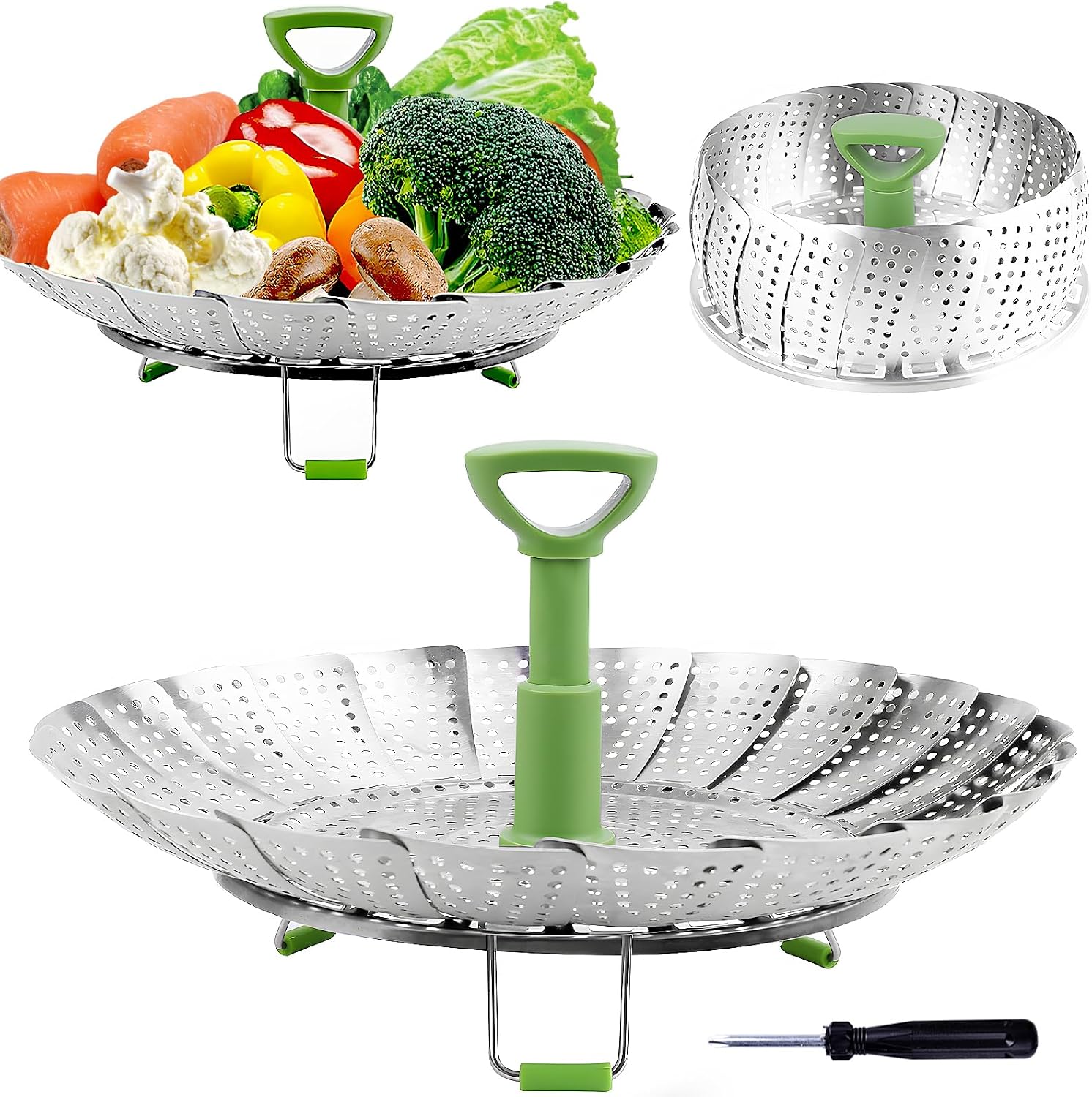 Consevisen Vegetable Steamer Basket for Cooking Food, Stainless Steel Veggie Steam Basket for Pot, Folding Expandable Steaming Insert with Extendable Handle Fits Various Size Pot, 7.1" to 11"